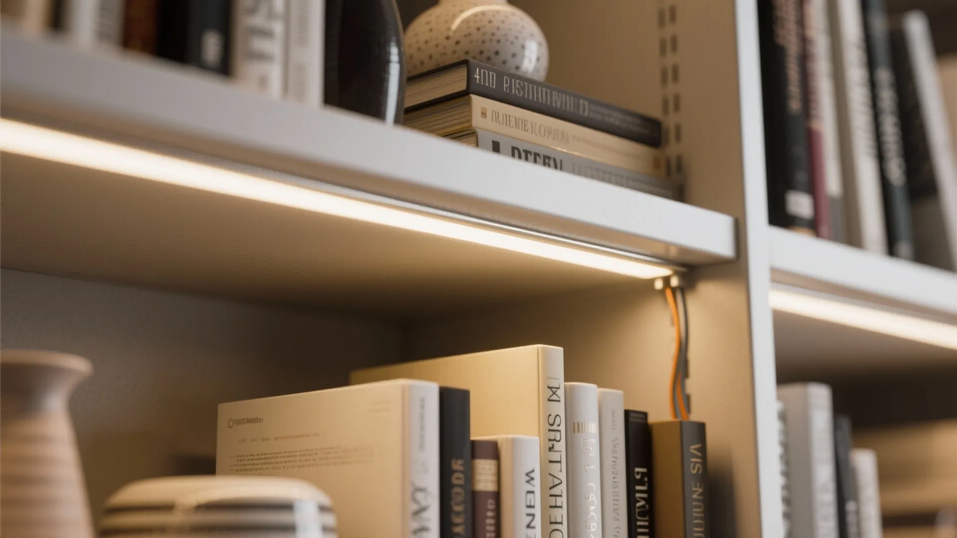 White bookshelf with books and vases illuminated by a warm light fixture under a wooden shelf