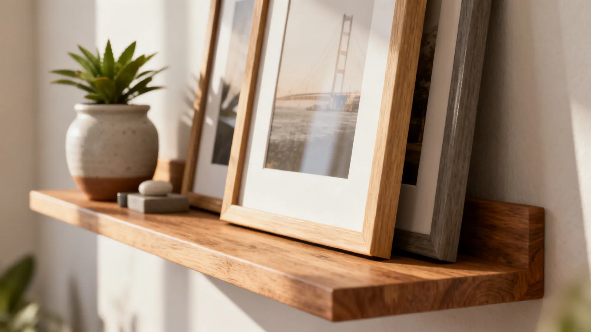 Wooden floating shelf holding a small green potted plant and two framed pictures in sunlight