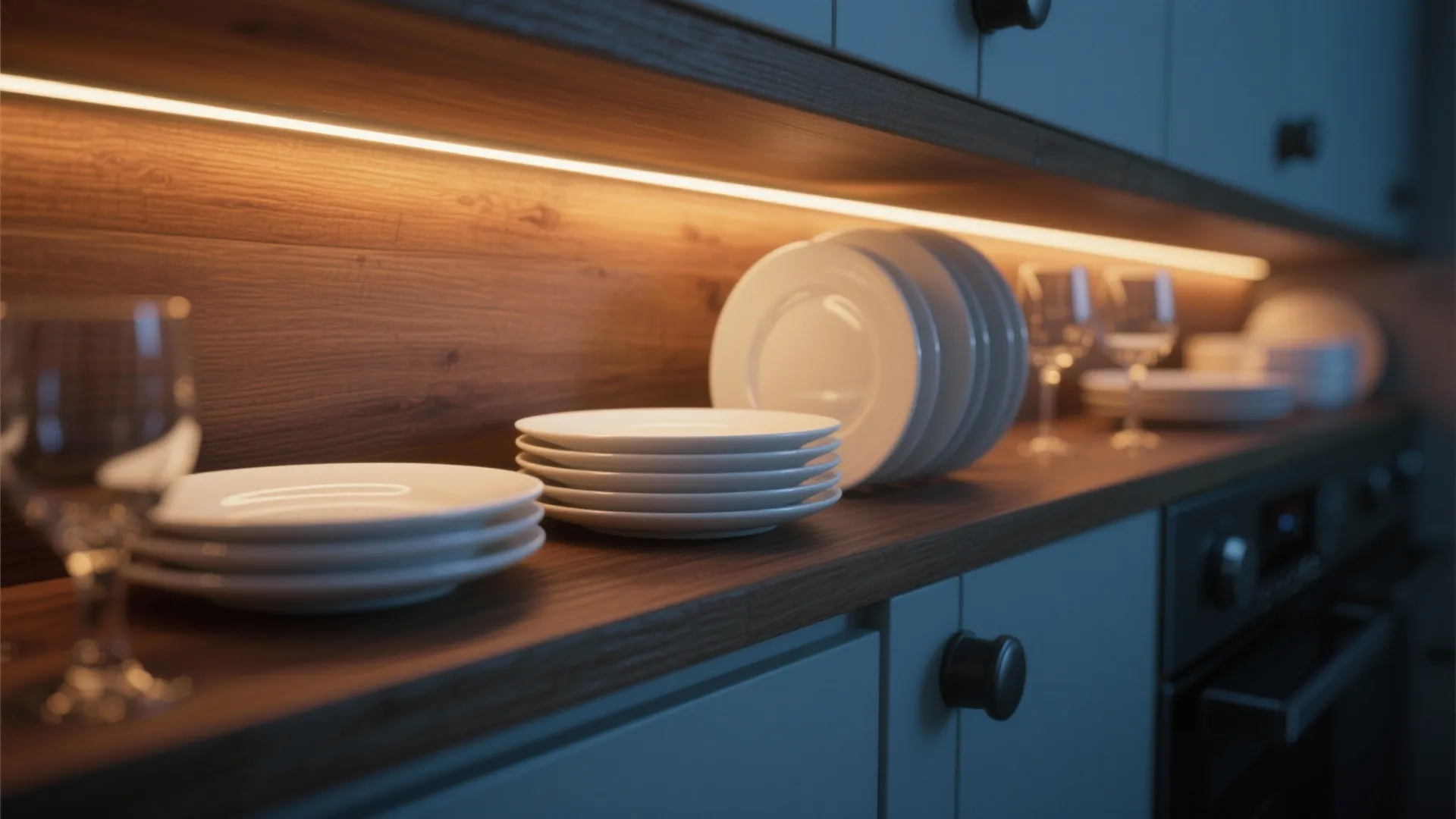 Wooden shelf with white plates and glass cups lit by warm light strip under cabinets