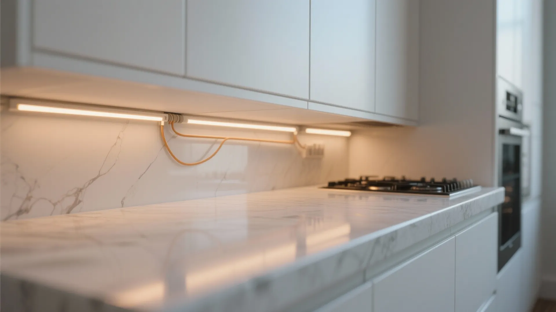 LED strip lighting under a floating shelf casting warm light on a white kitchen counter
