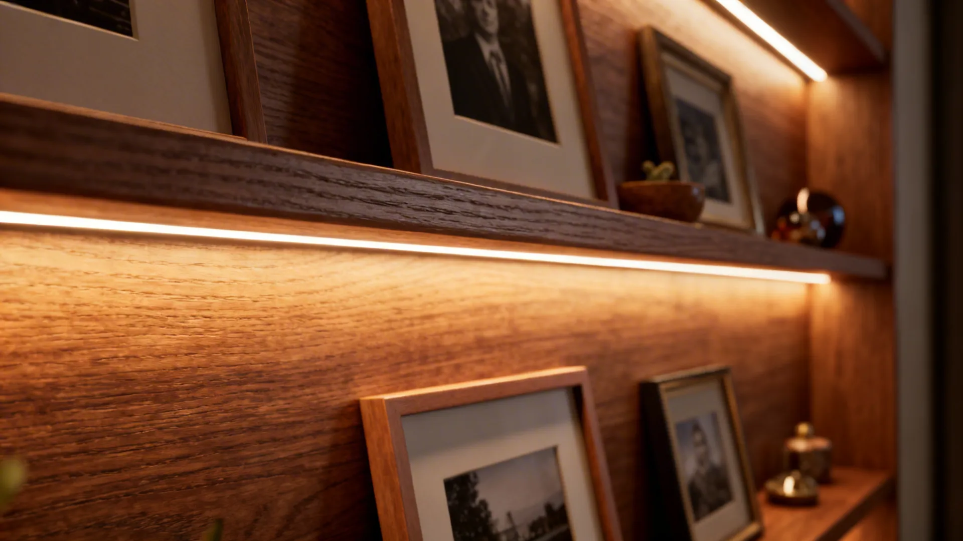 Integrated shelf with warm LED strips highlighting framed photos and decor.