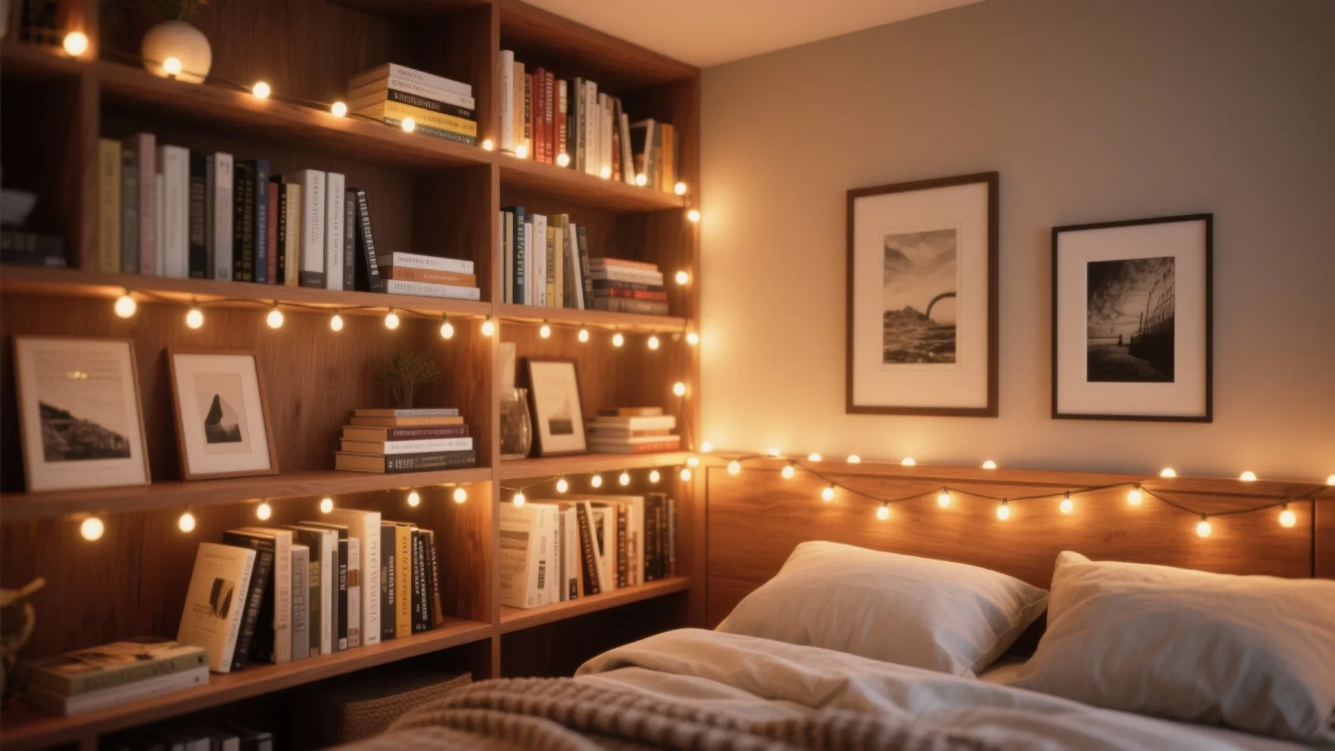 Wooden bookshelf filled with books and warm string lights next to a bed with pillows