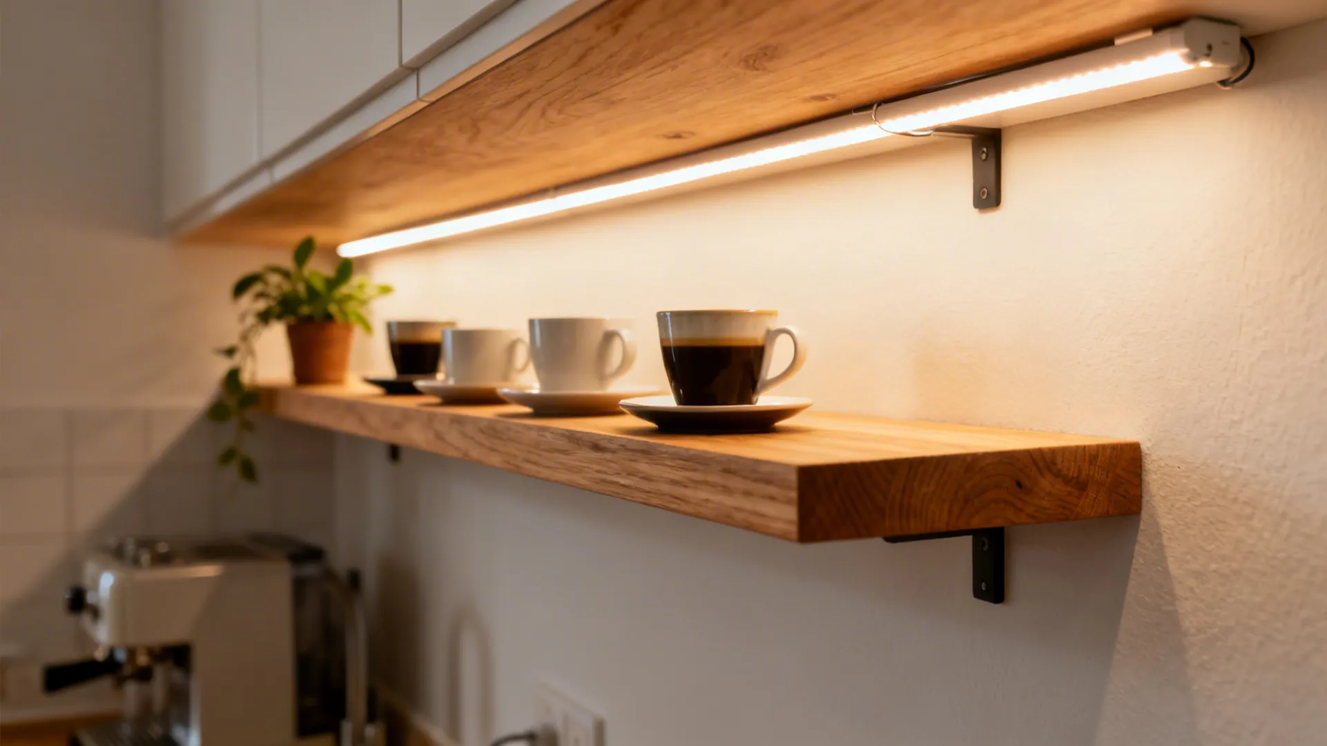 Close-up of an oak floating shelf with a warm LED strip illuminating espresso cups.