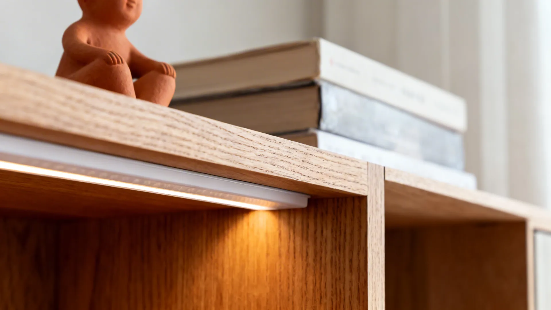 Macro of wooden shelf edge with integrated LED diffuser and a terracotta accent nearby.