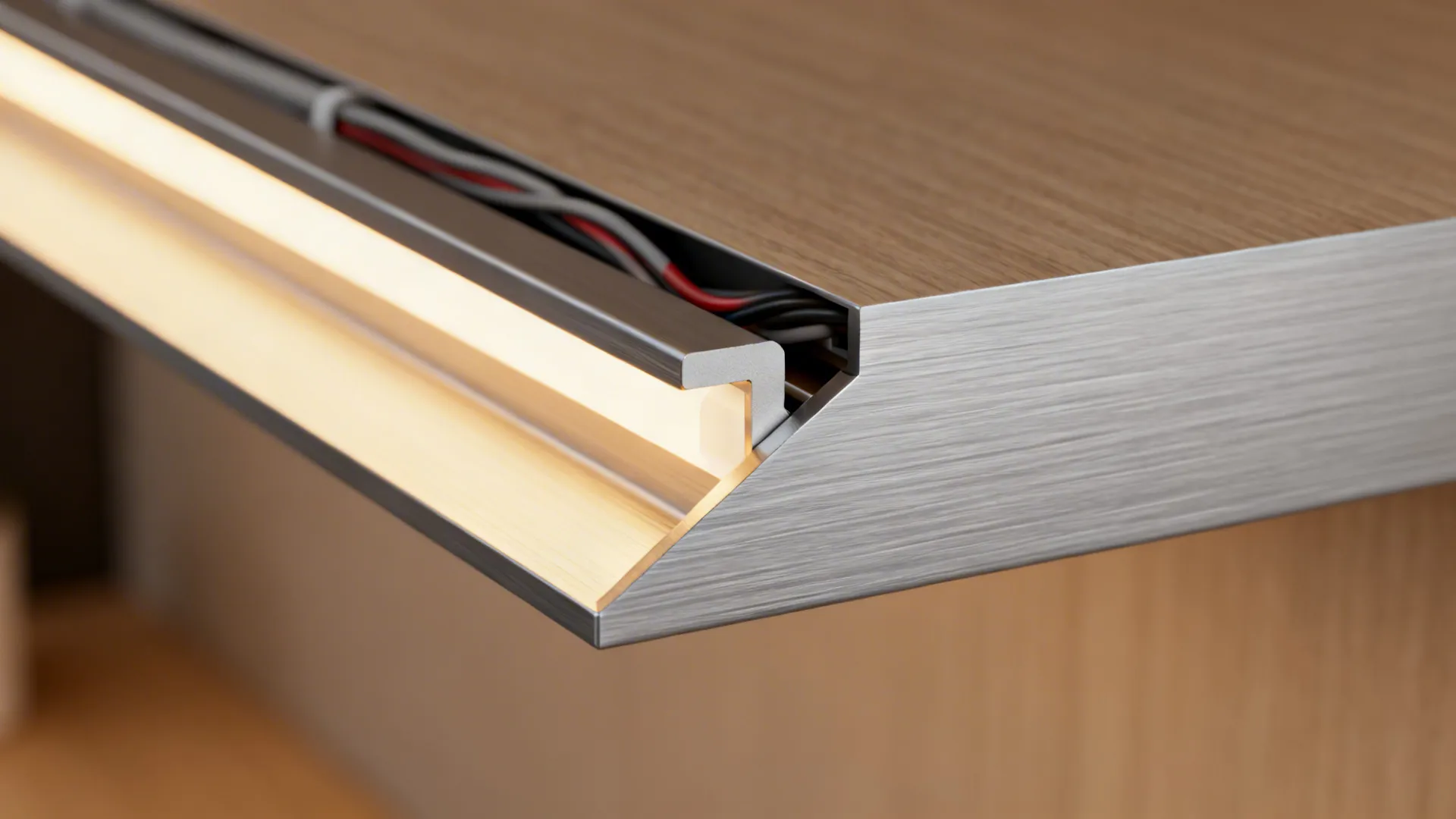Close up of a wooden shelf with built in light fixture and visible internal power wires