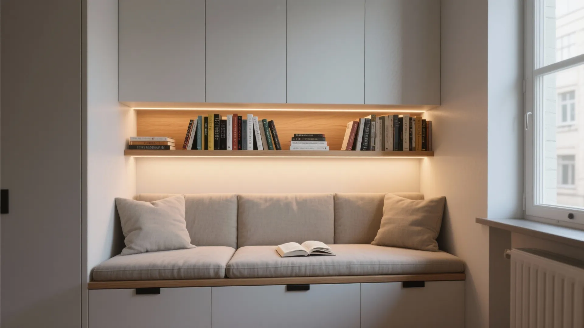 2. Integrated shelving with built-in reading light