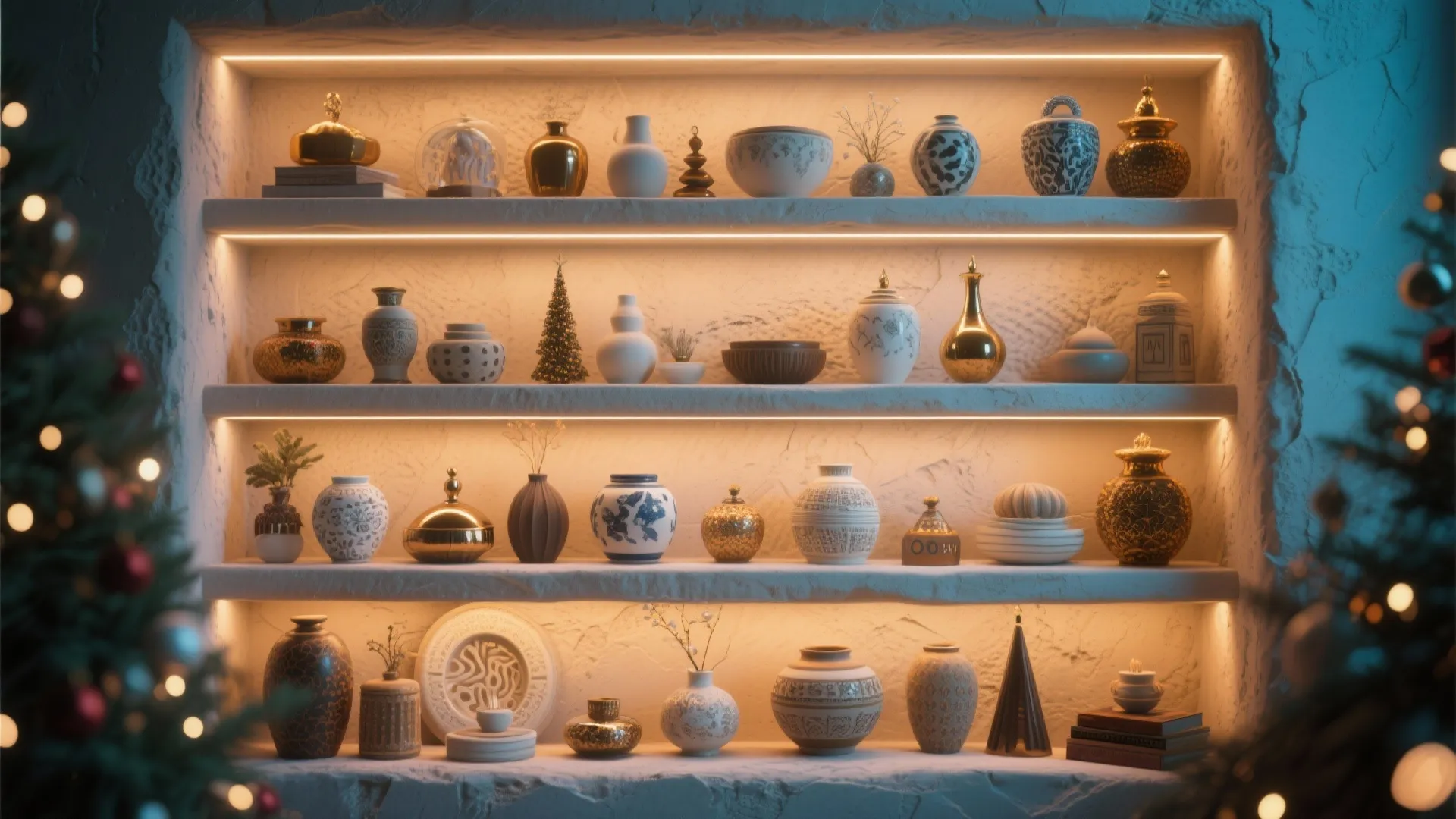 5. Recessed Shelf Lighting with Ornaments