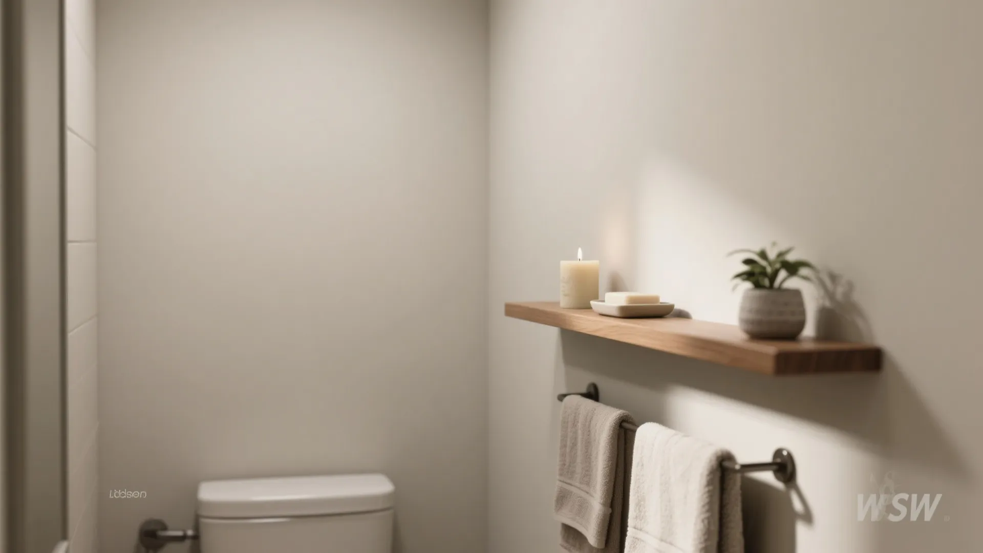 Wooden wall shelf holding candle soap and plant above towels in a clean beige bathroom