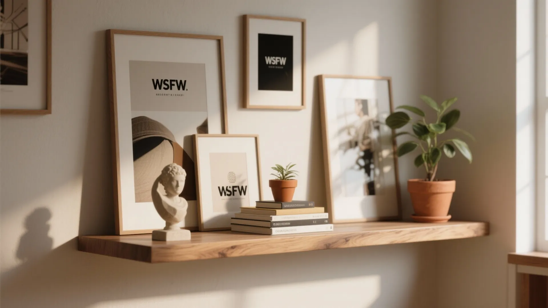 Wooden wall shelf with picture frames small green plants books and a white statue bust