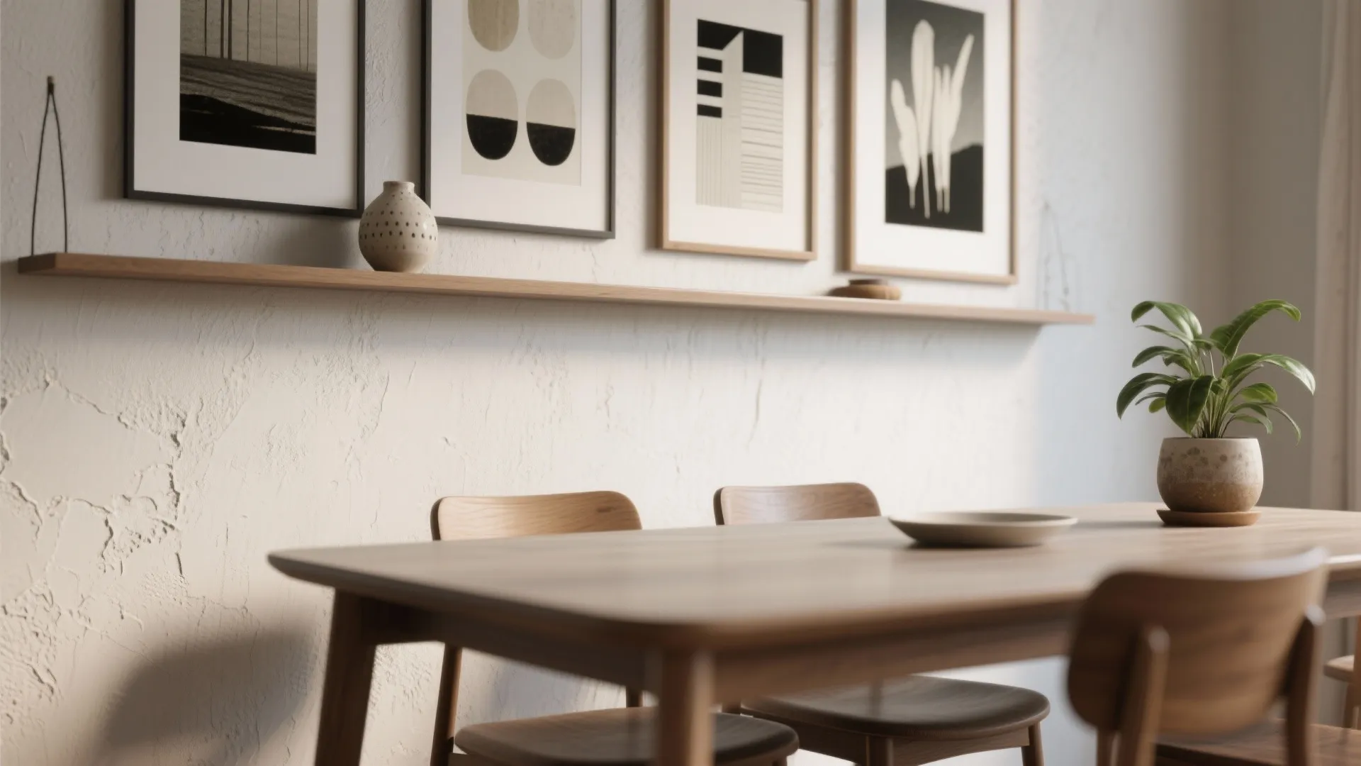 Minimalist dining room with wooden table and chairs plus long shelf holding multiple picture frames