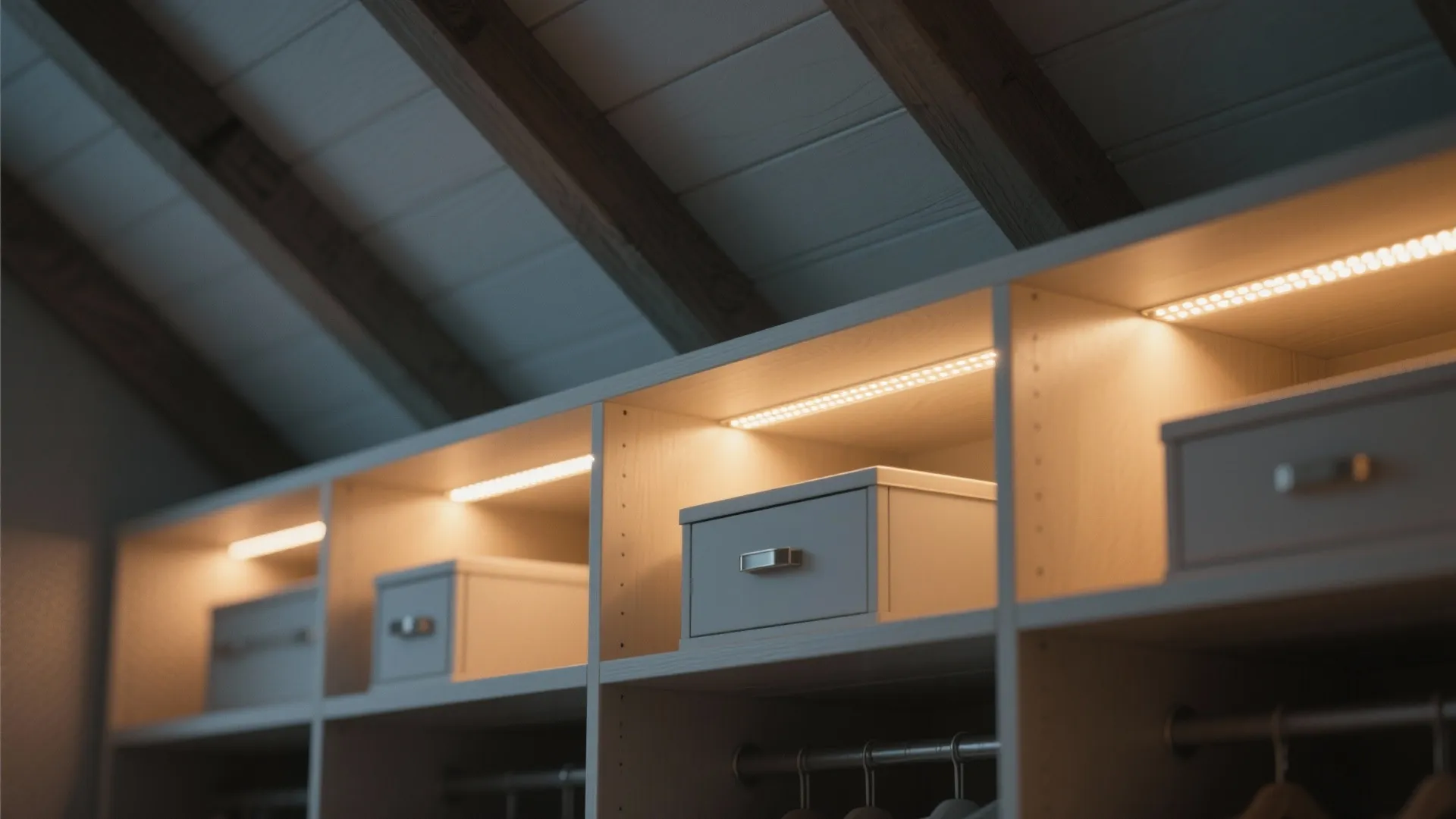 Modern walk-in closet with warm LED light strips installed under shelves for organized storage boxes