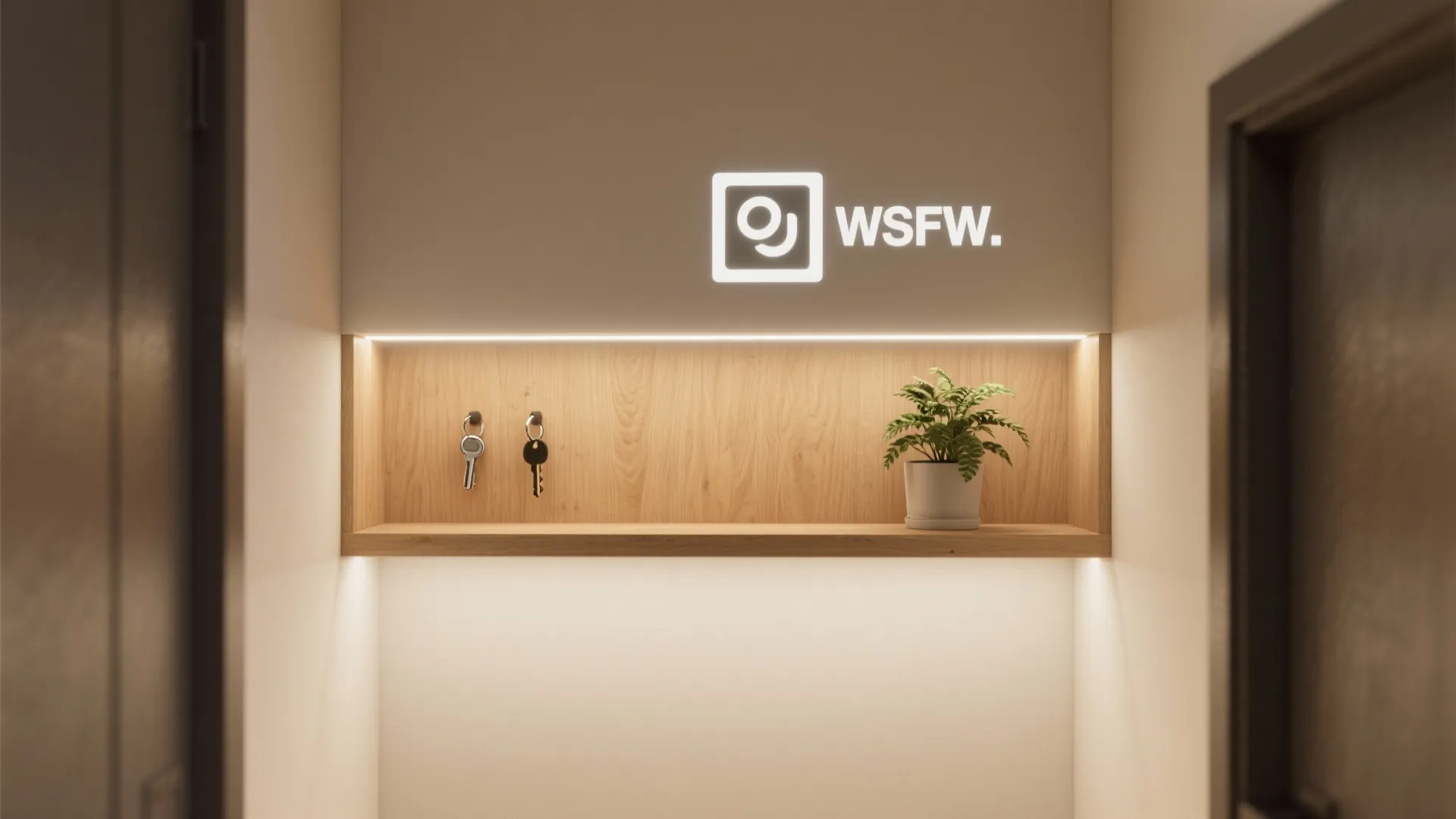 Modern entryway wood shelf with integrated light fixture holding keys and a small potted plant
