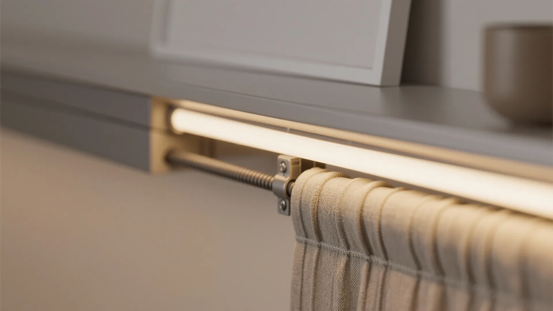 Close-up of hidden LED diffuser beneath a PVC floating shelf with concealed wiring and fabric runner.