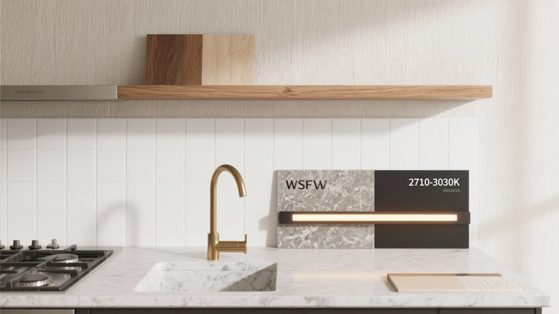 Kitchen interior design drawing showing gold faucet marble countertop wooden shelf and various material samples