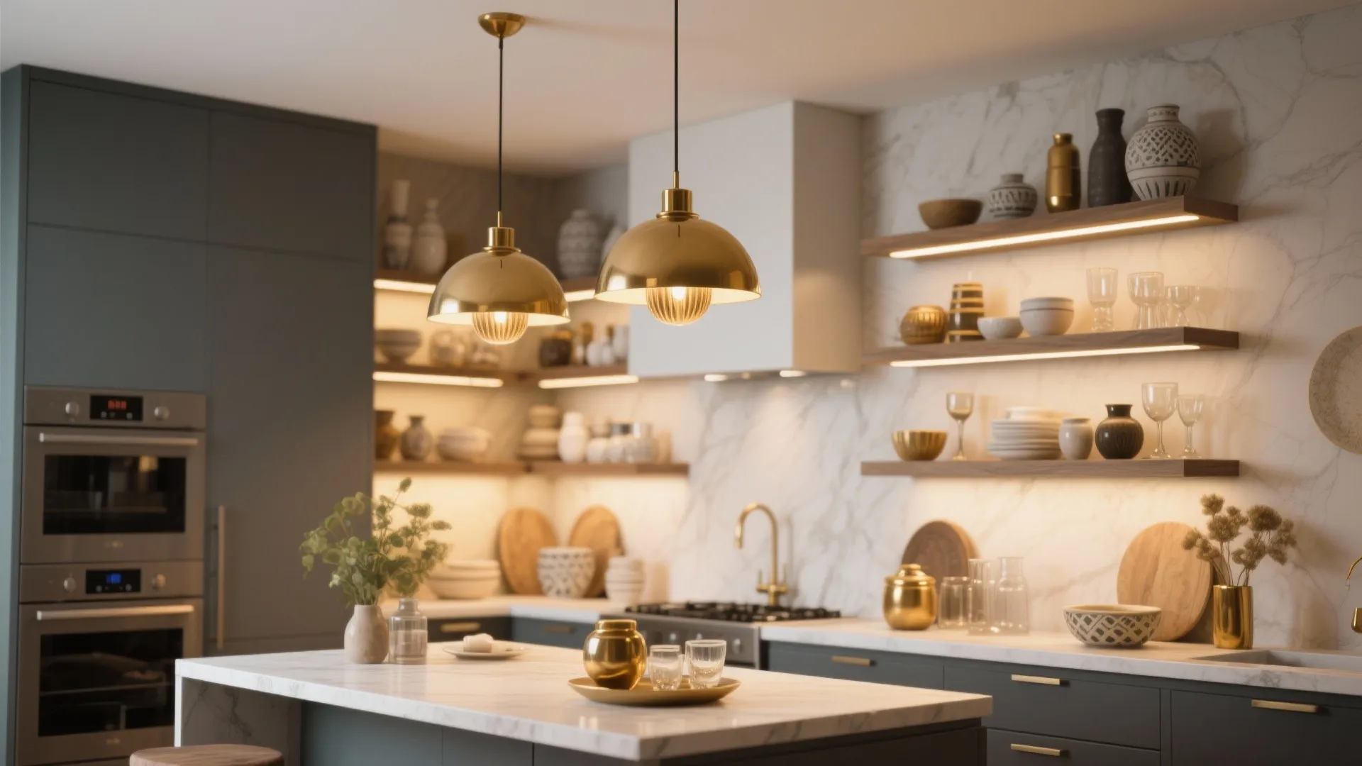 Modern kitchen with gold ceiling lights over marble island and glowing shelves with decorative dishes