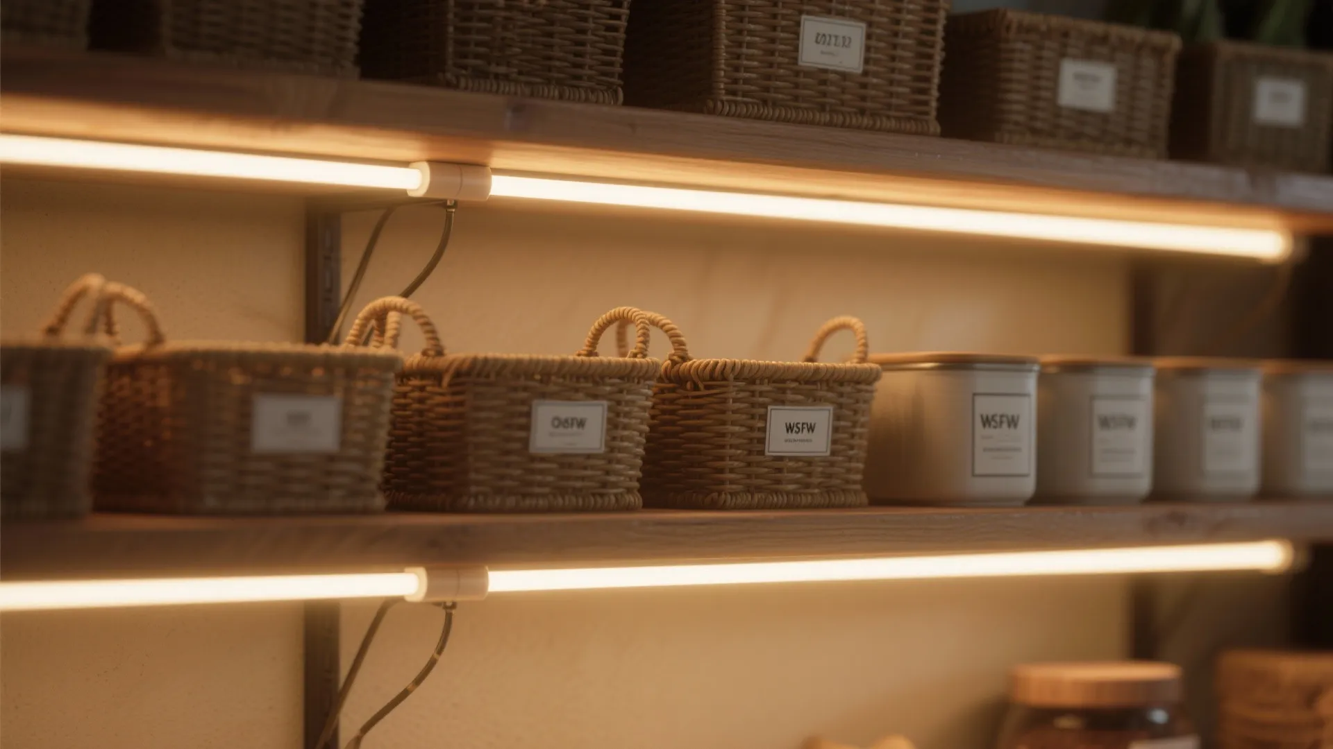 Under-shelf warm LED strip lighting highlights baskets and wooden shelf texture.