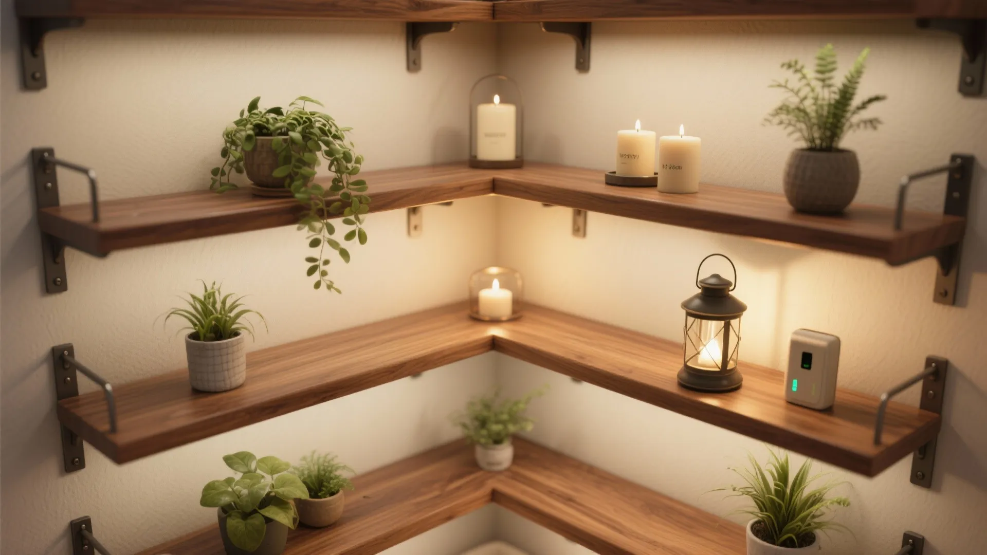Layered Corner Shelving + Lighting for Display and Glow