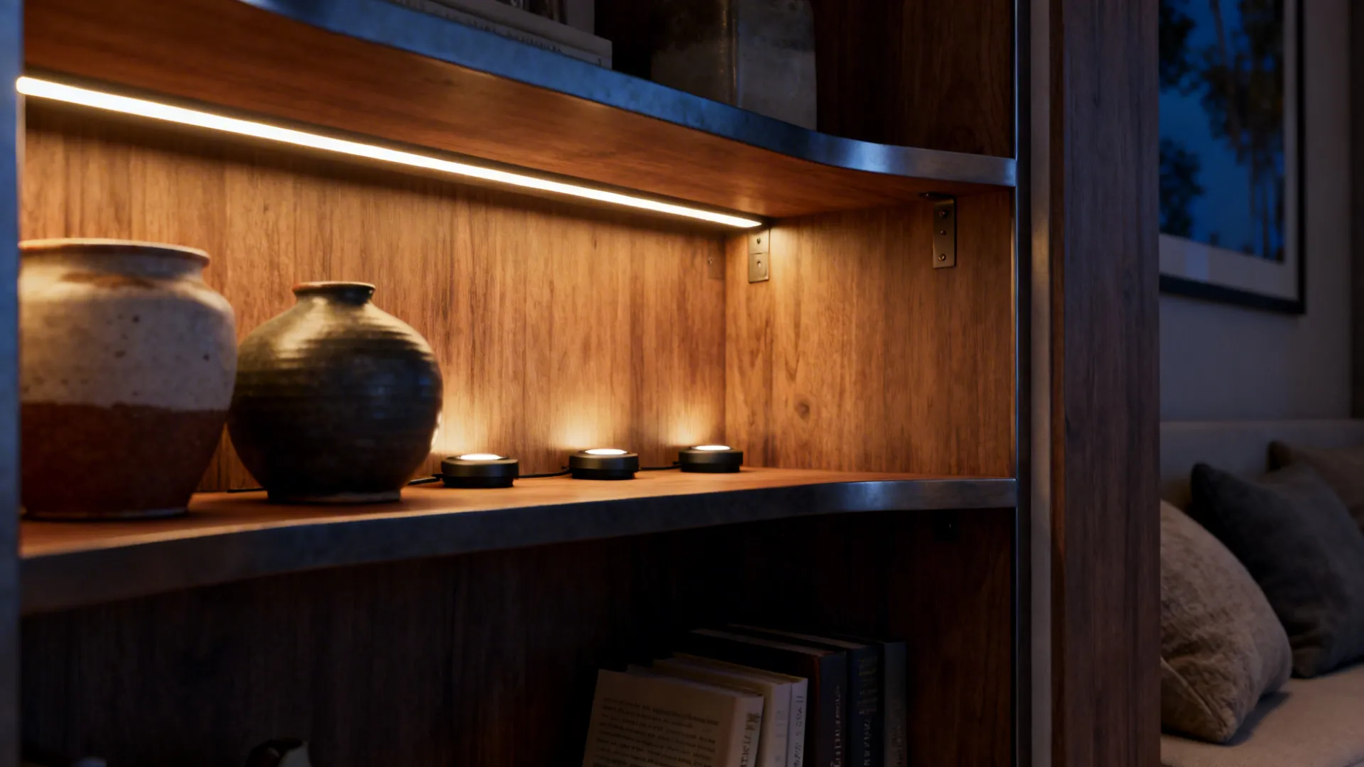 Corner shelf with integrated LED strip lighting highlighting ceramics and decor.