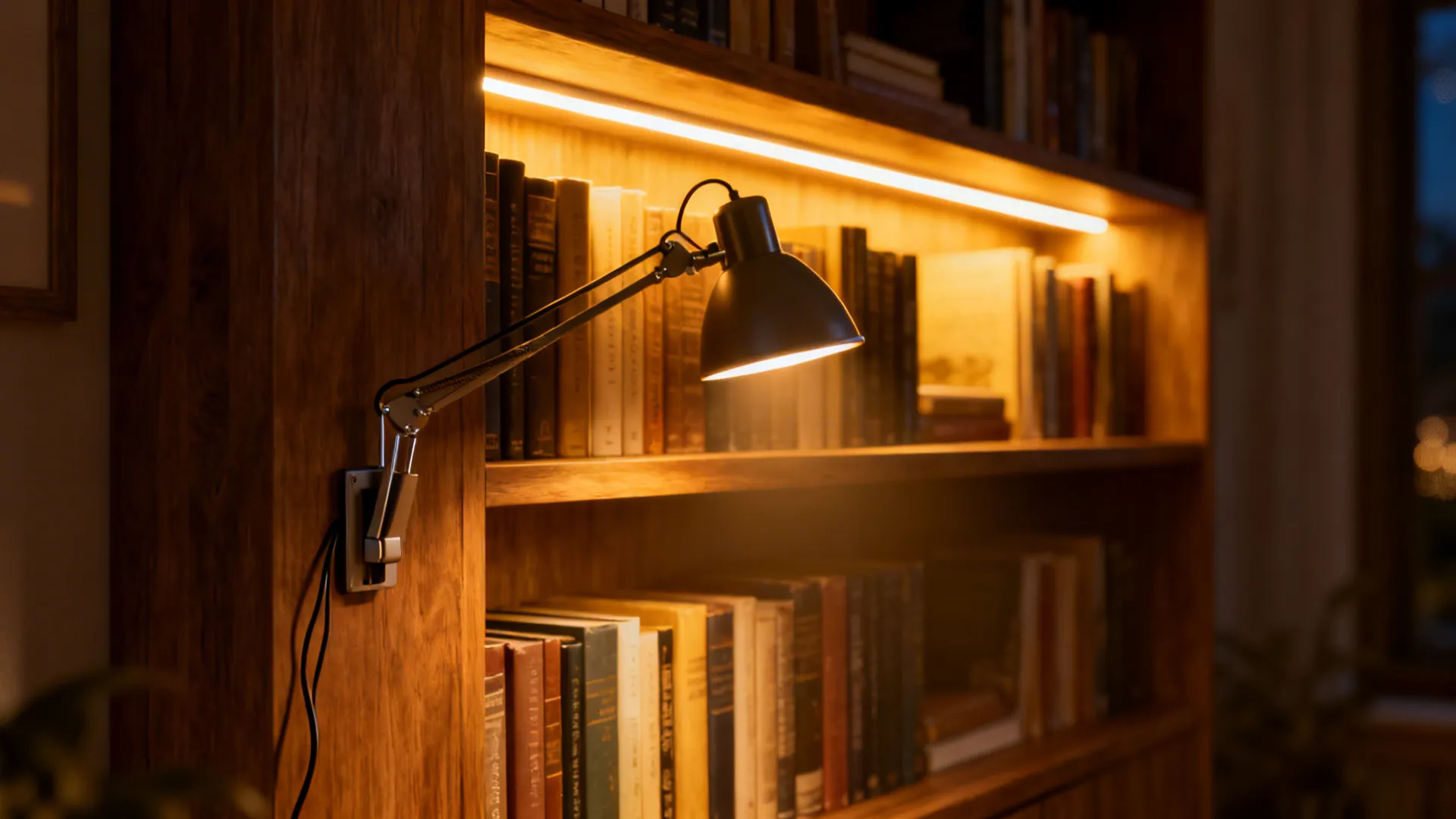 Shelf with integrated LED strip and clip-on lamp casting warm backlight and cozy glow.