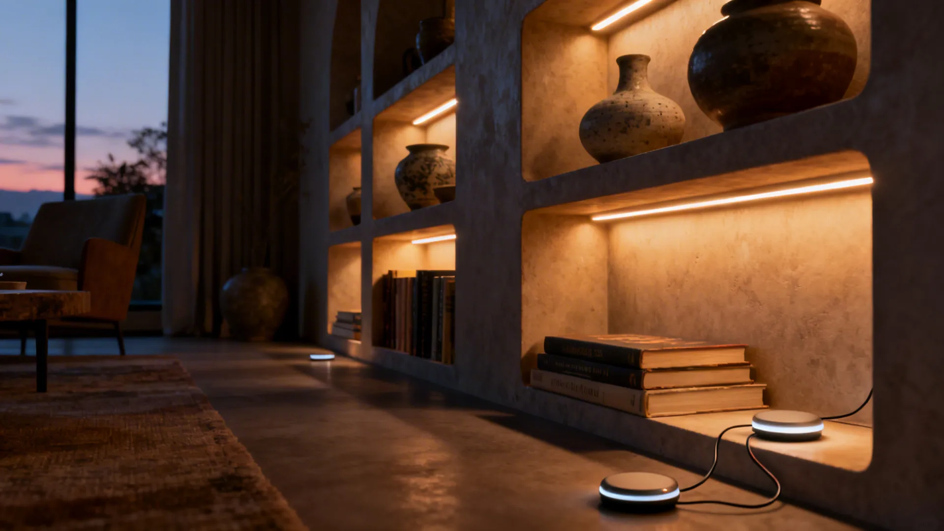 Built-in shelves lit by warm LED strips and puck lights creating depth and dramatic shadows.