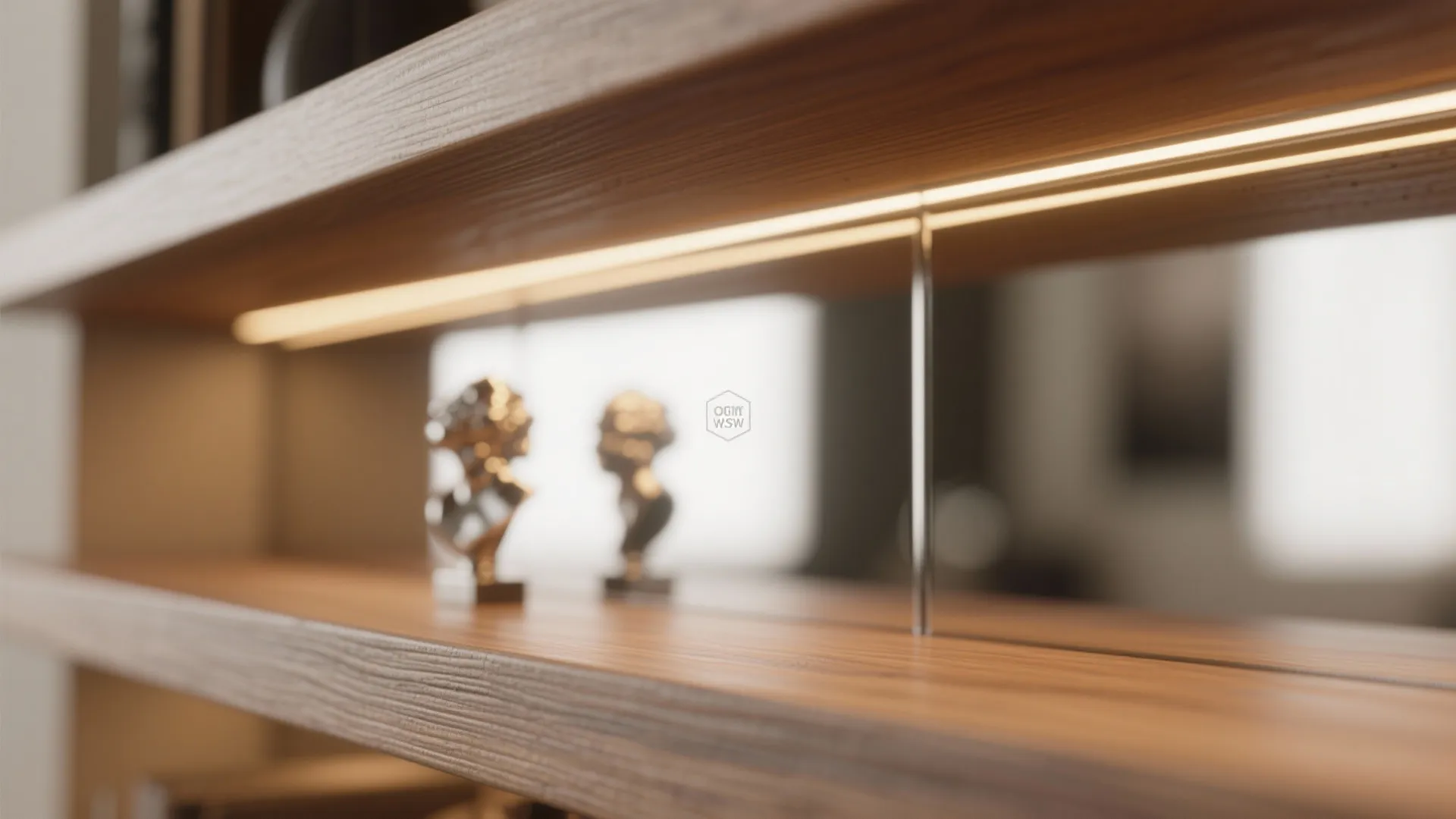 Close up of wooden shelf with warm led light strip and small gold decorative statues