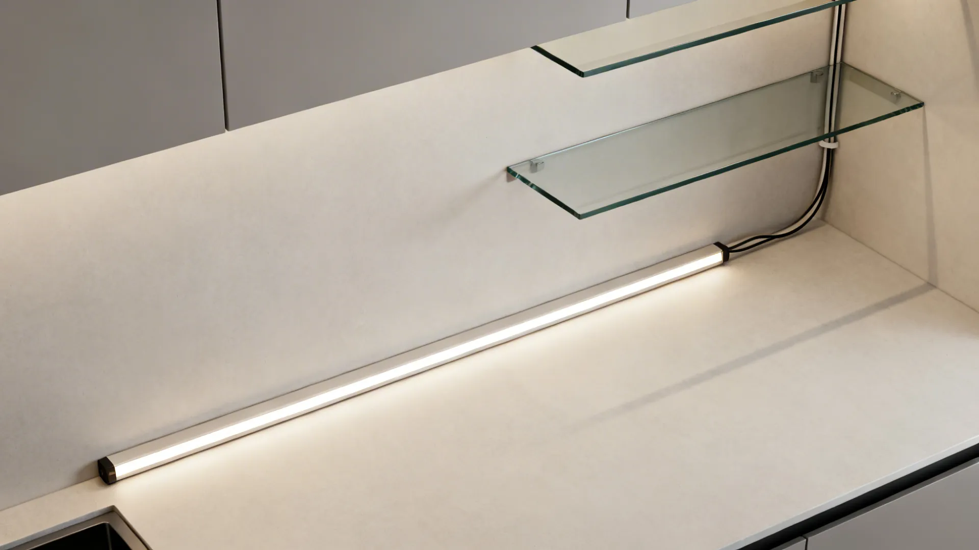 5) Glass Shelves with Under-Cabinet Wash Lighting