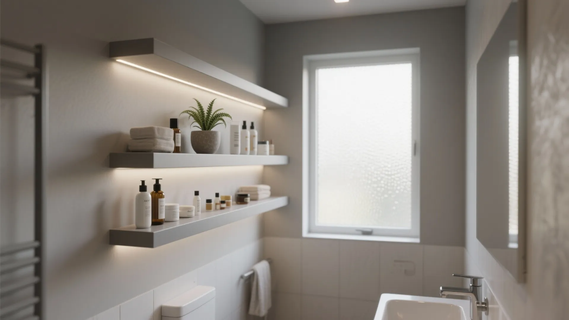 Shallow raised bathroom shelves with integrated lighting and tidy storage