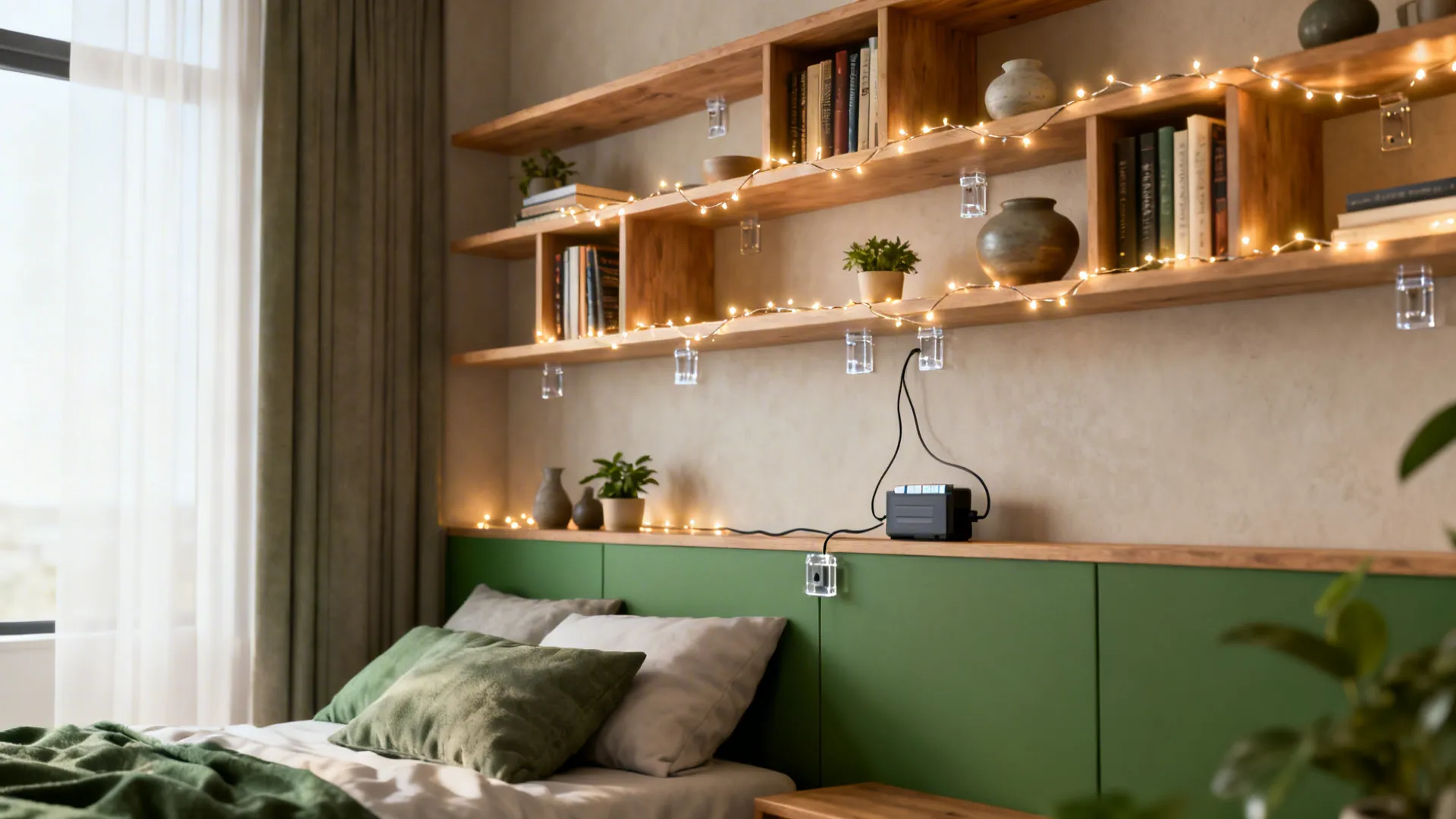 Warm LED fairy lights draped along floating shelves highlighting books and plants