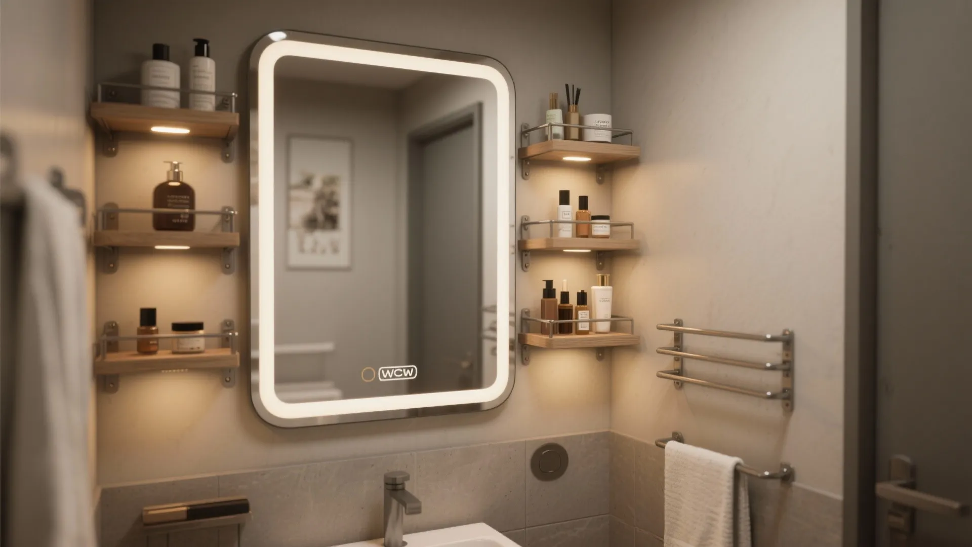 Modern bathroom with a glowing mirror and small wooden shelves holding skincare products and bottles