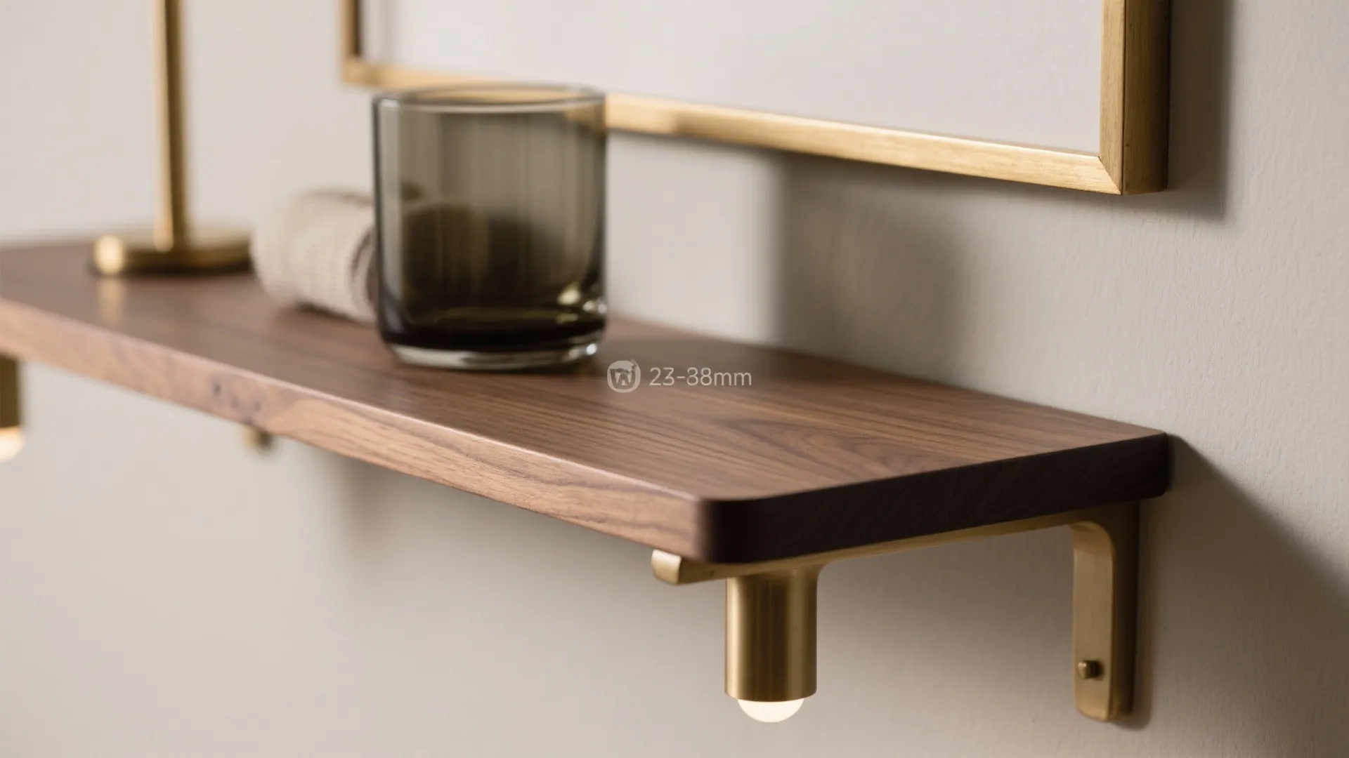 Close up of wooden wall shelf with gold bracket small light fixture and glass cup