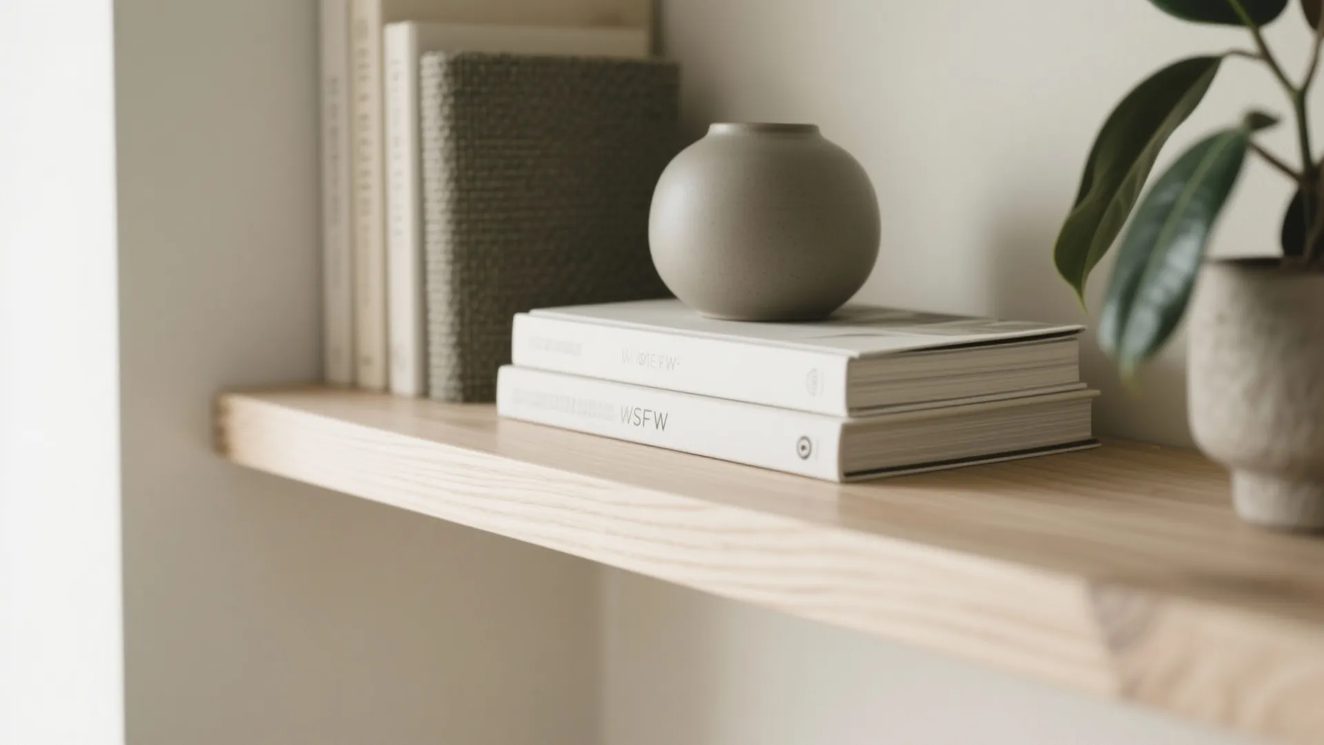 Wooden wall shelf holding two white books, a round grey vase, and a small plant