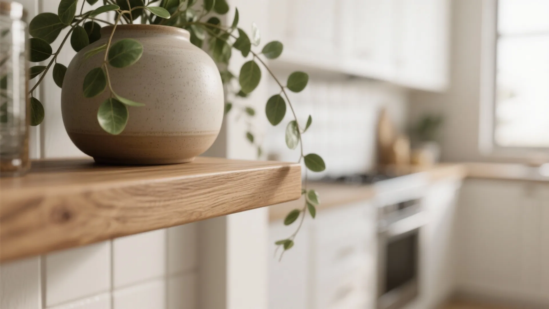 Close up of a green plant in a round pot on a wooden kitchen wall shelf