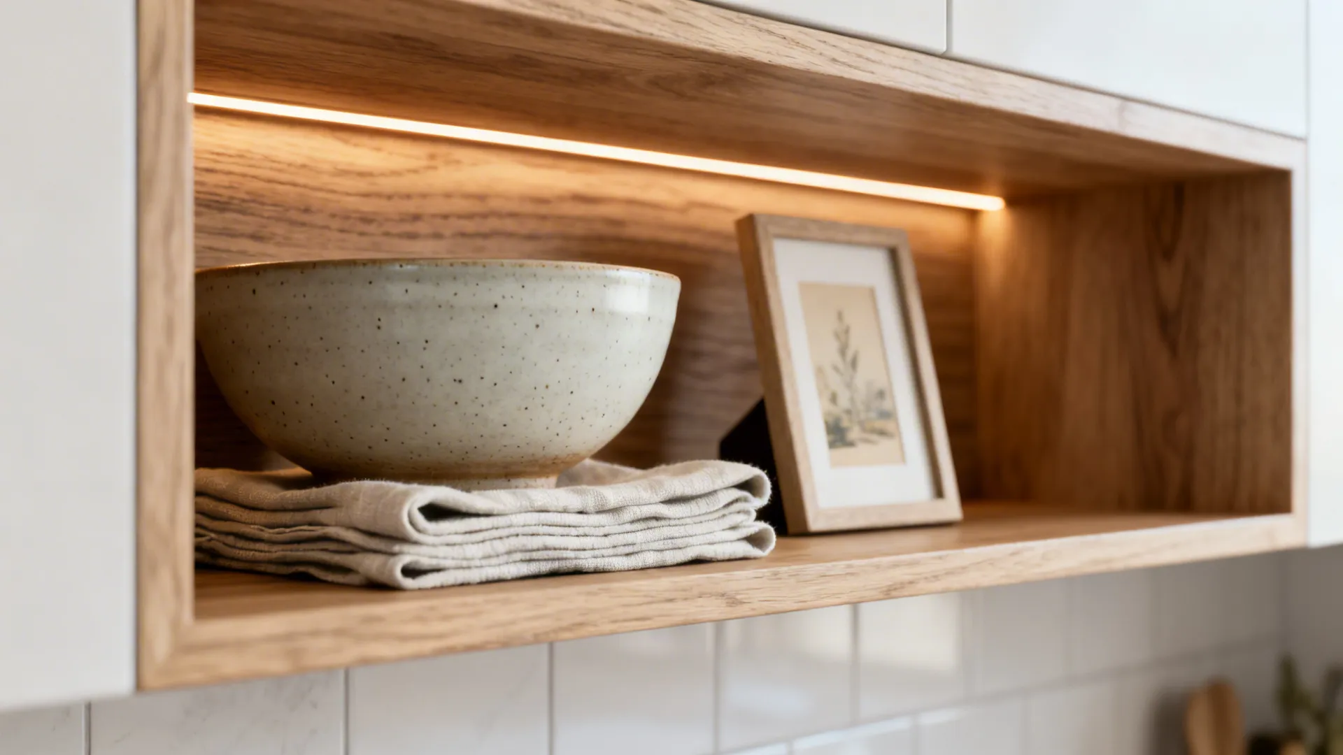 Macro of ceramic bowl, linen, and framed print on a wood kitchen shelf with LED glow.