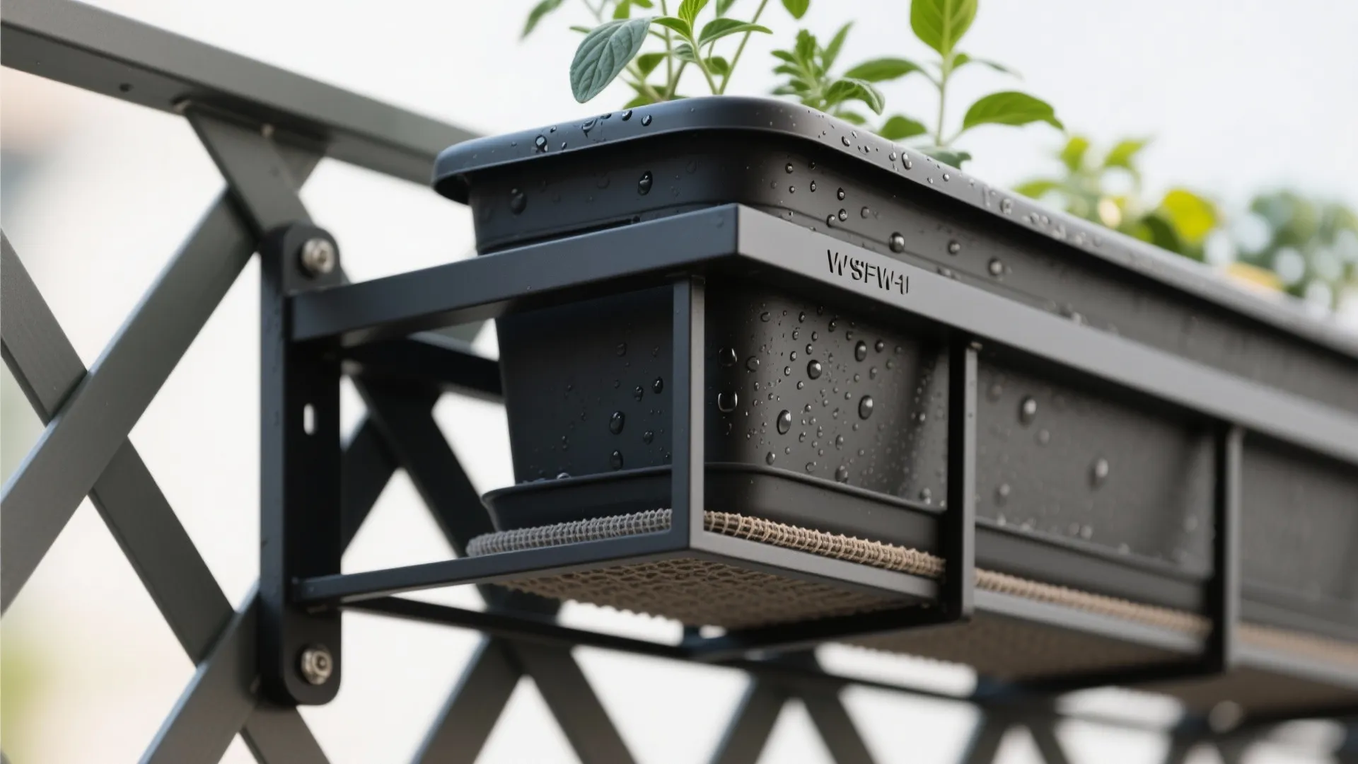 Black metal flower box holder with wet plants attached to a balcony railing during daytime