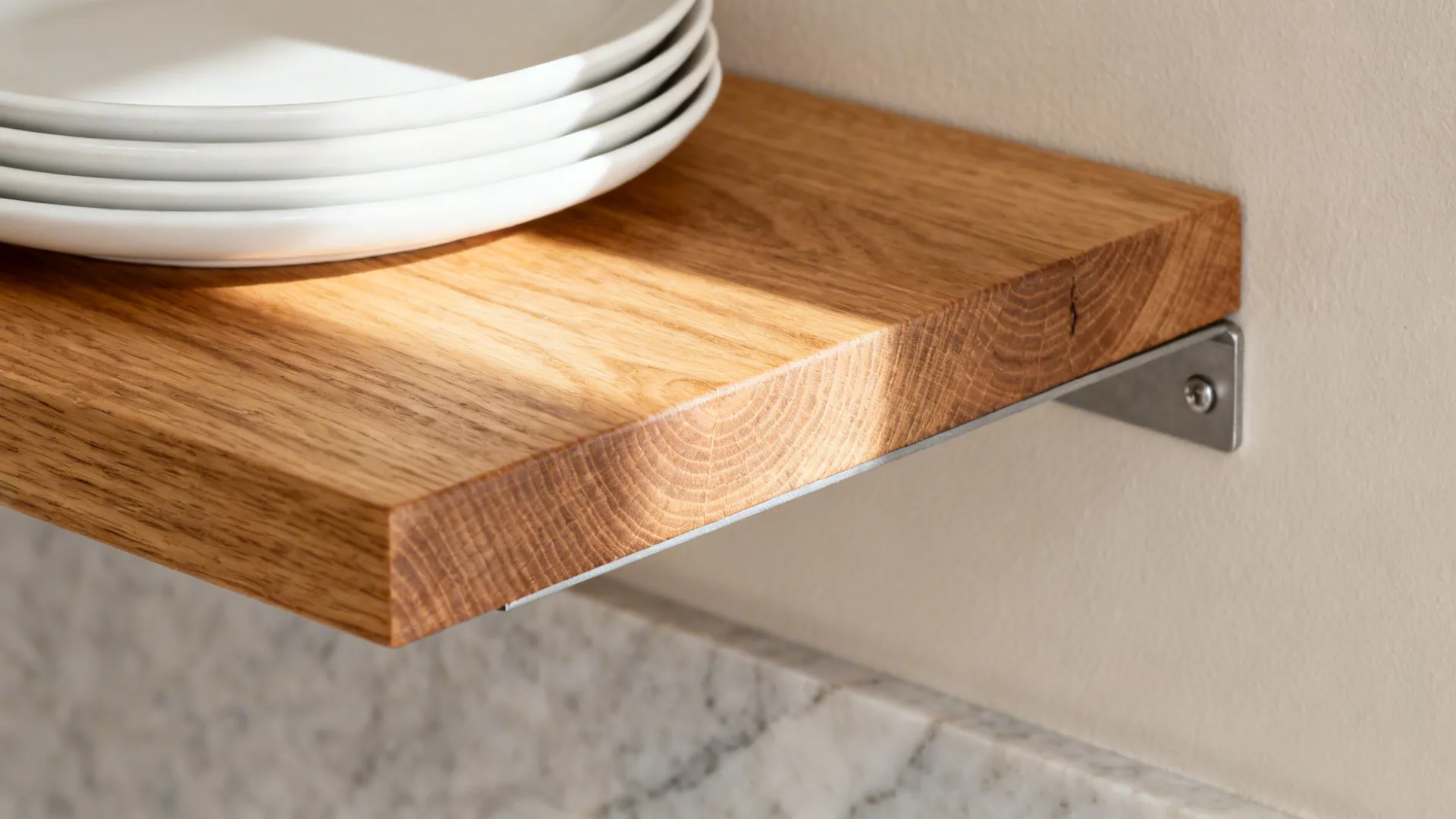 Close-up of a light oak floating shelf with hidden support and stacked white dishes.