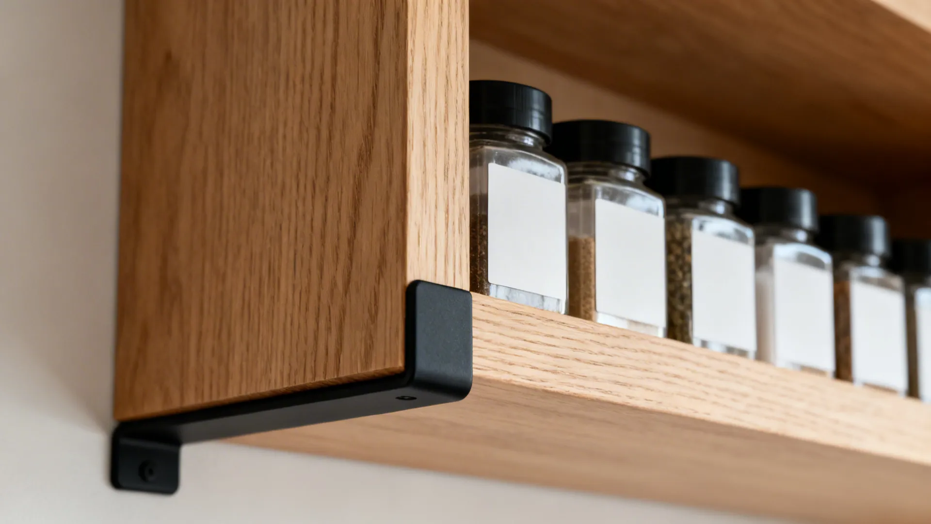 Close up of wooden shelf with black metal bracket holding glass spice jars with labels