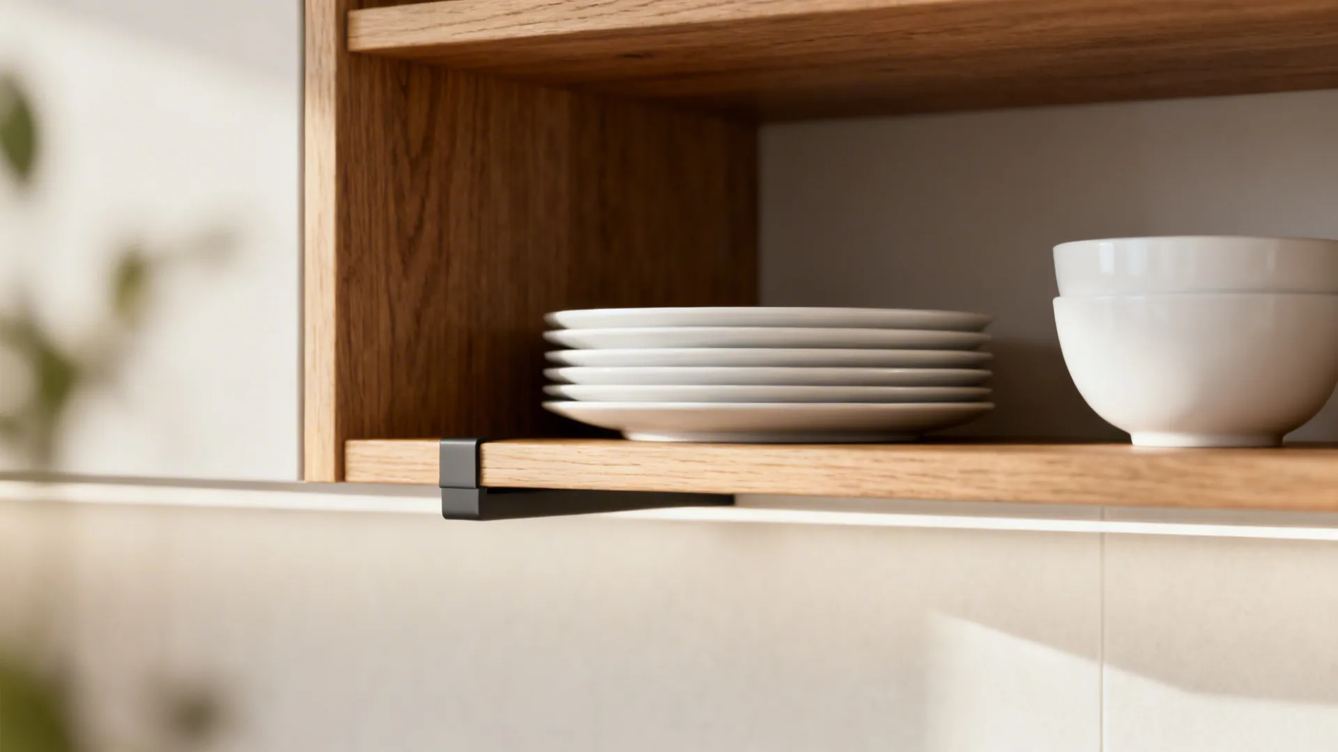 Macro of a slim wood kitchen shelf with stacked dishes and matte bracket under soft light.