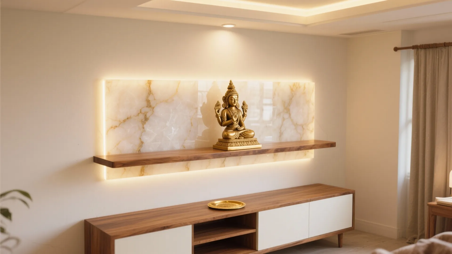 Floating Shelf Mandir with Backlit Panel