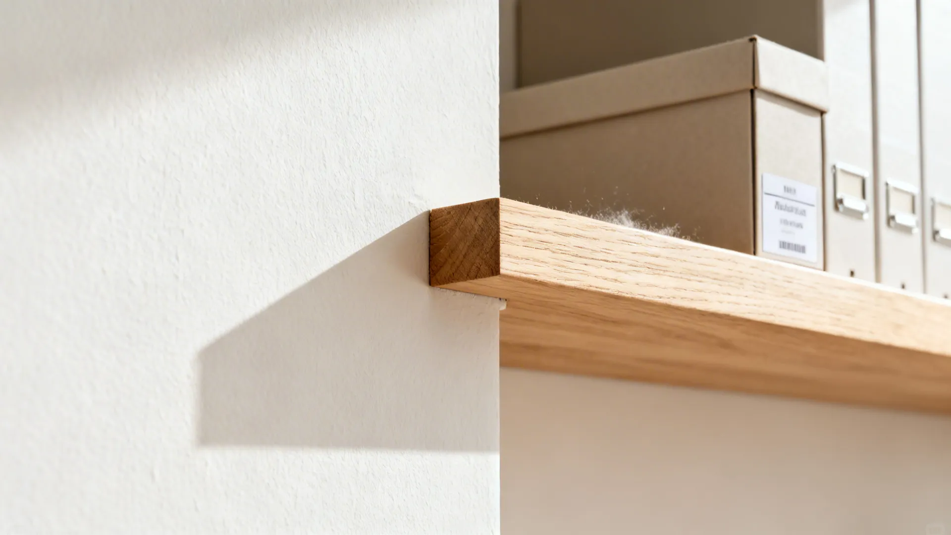 Close-up of warm white wall and light oak shelf with clean craftsmanship in soft light.
