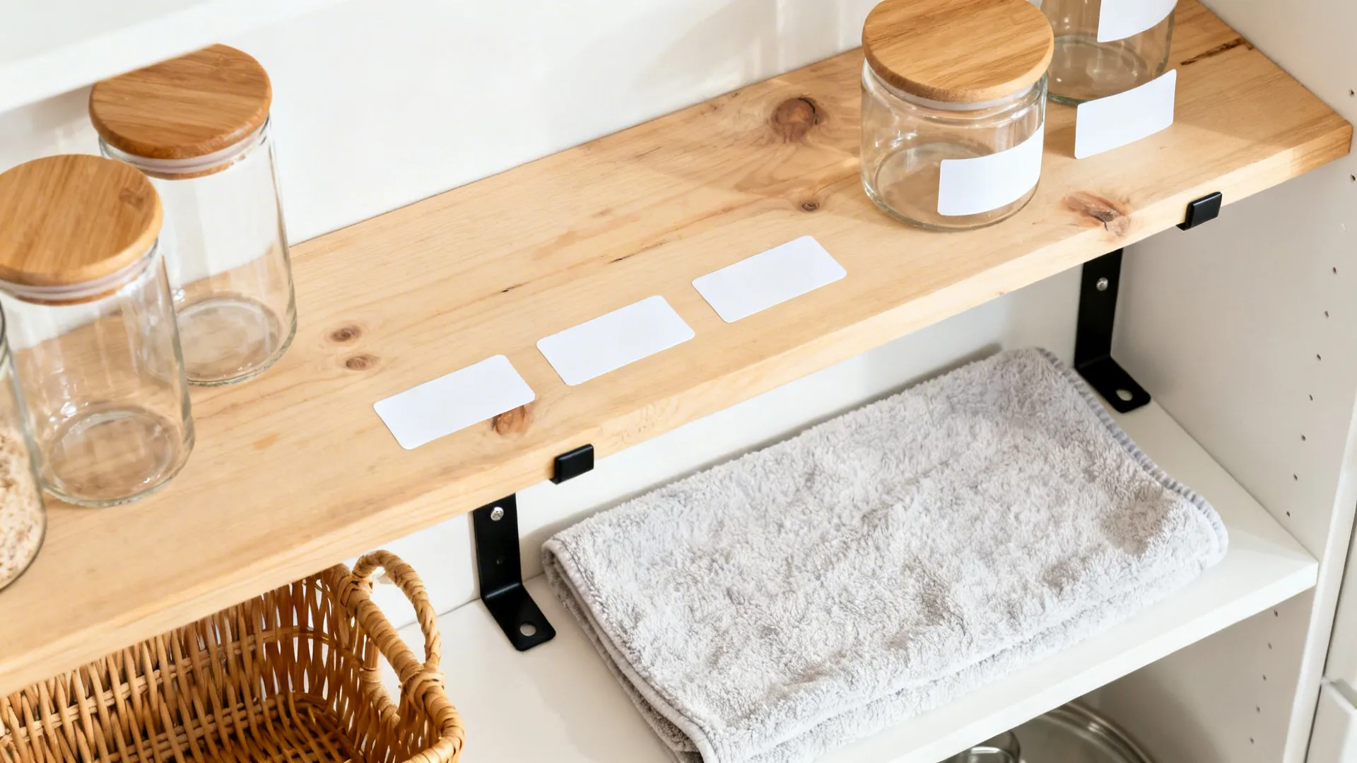 Flat lay of pine shelf, brackets, jars, rattan bin, and labels for open shelving.