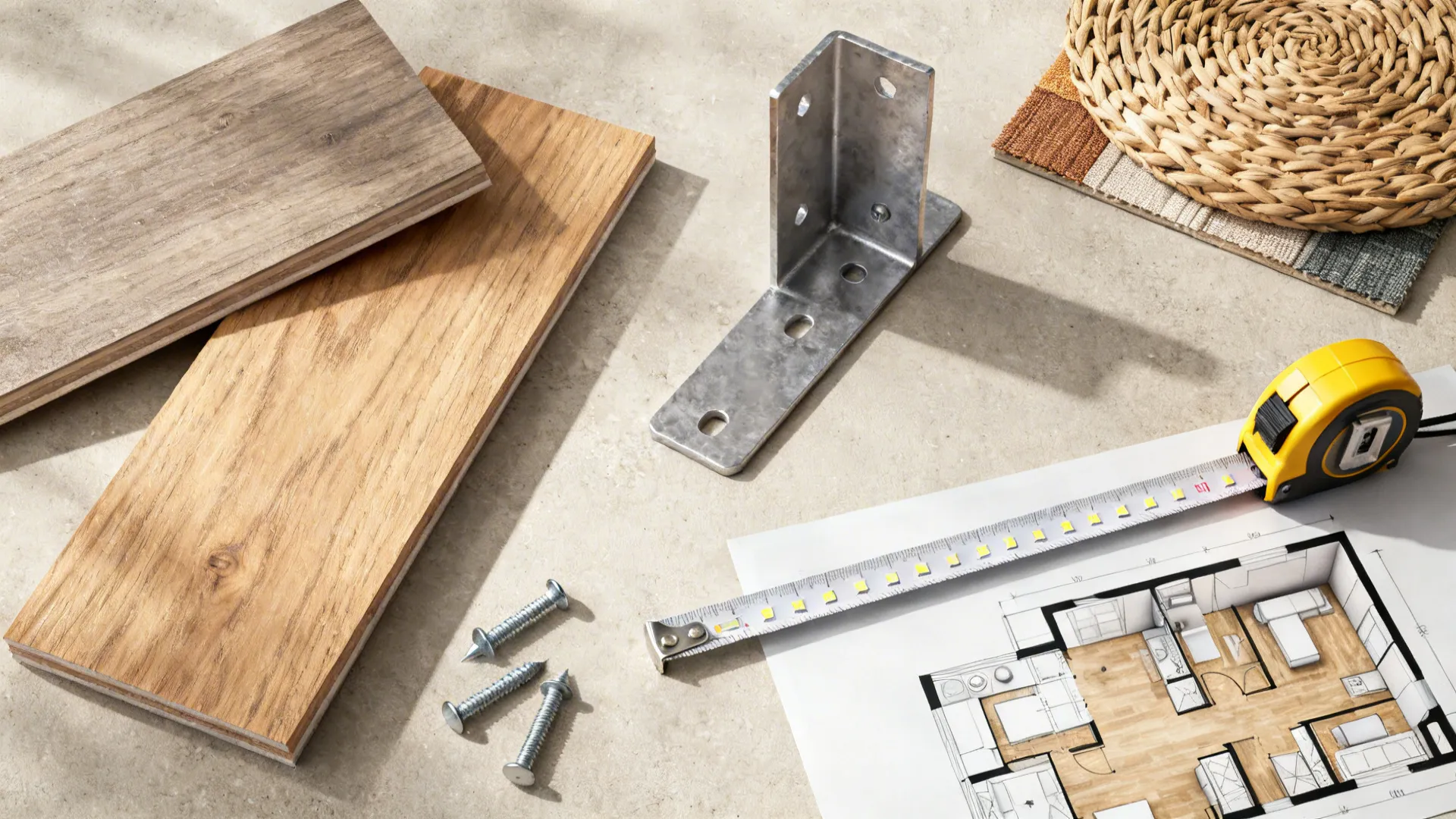 Flatlay of shelf materials and tools including wood samples, brackets, anchors, measuring tape and LED strip.