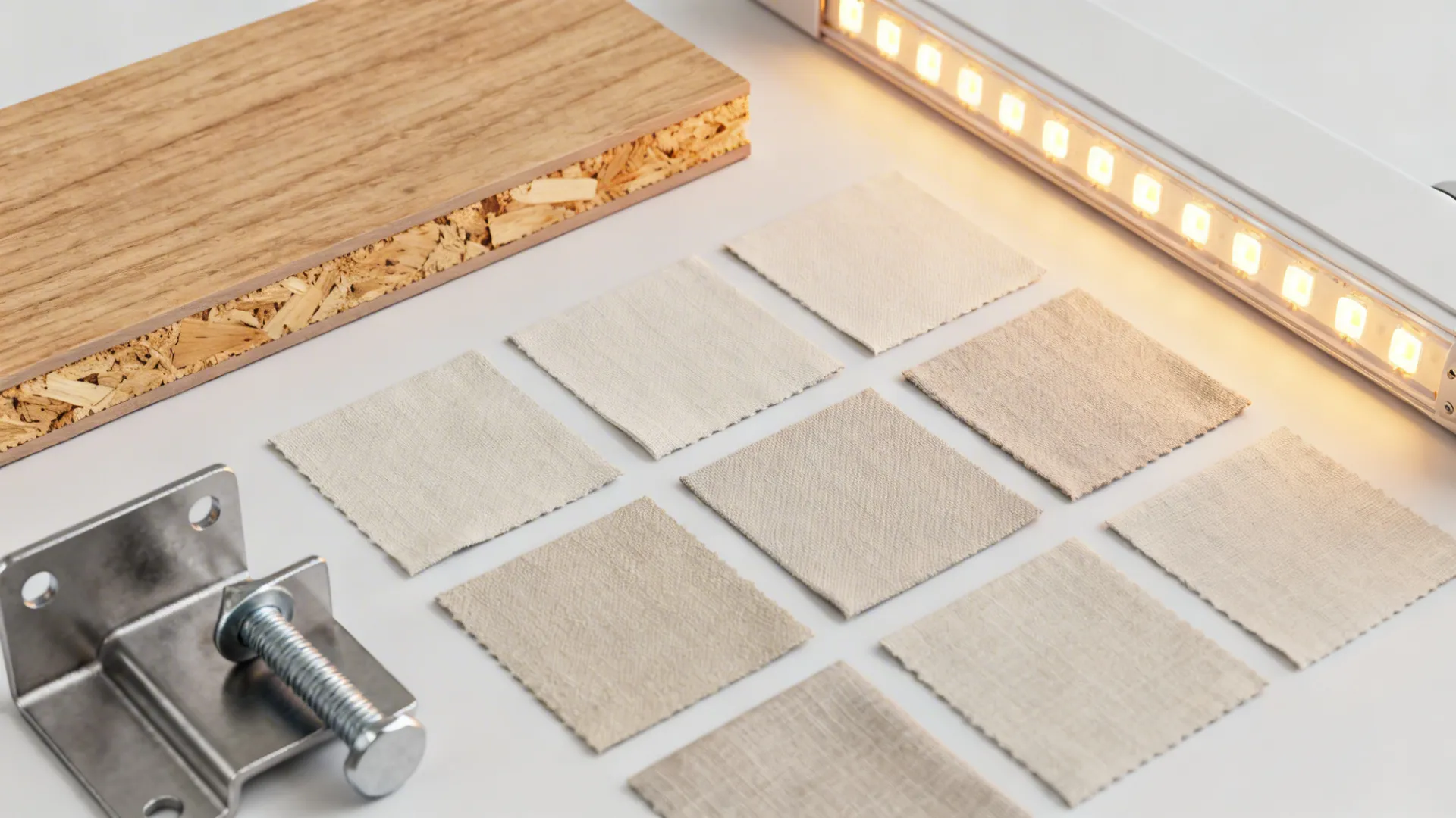 Interior design material flat lay with wood panel fabric samples metal bracket and led light