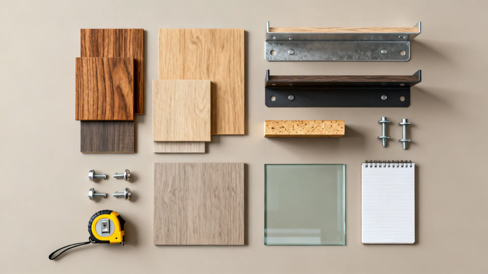 Flatlay of wood, metal, glass samples and mounting hardware for shelving decisions