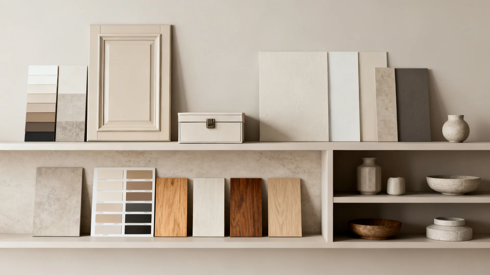 Flatlay of paint swatches, wood samples and closed-door storage mockups for mixing open and closed shelving