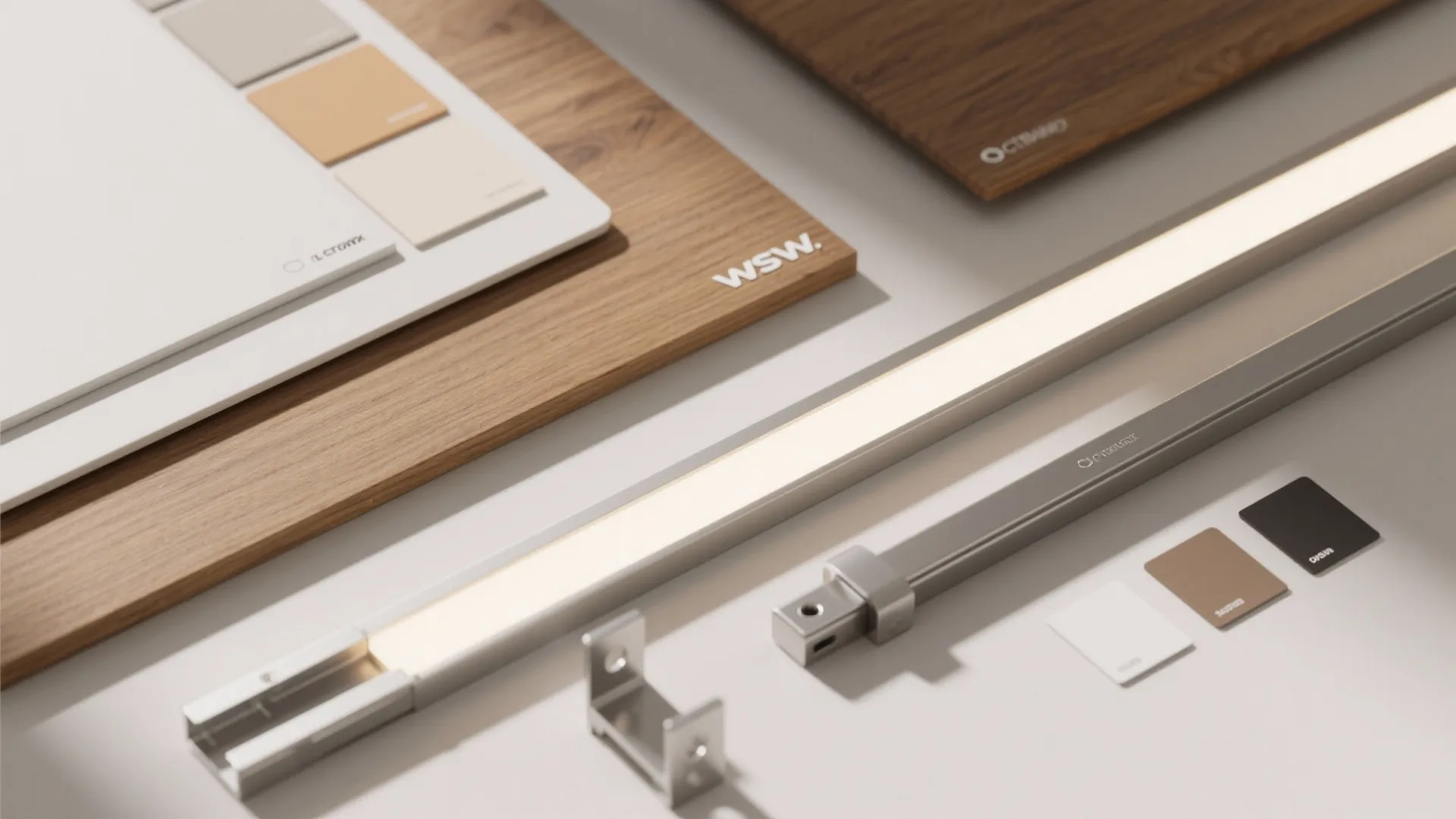 Close up of interior design materials with wood boards and modern led light fixture strip