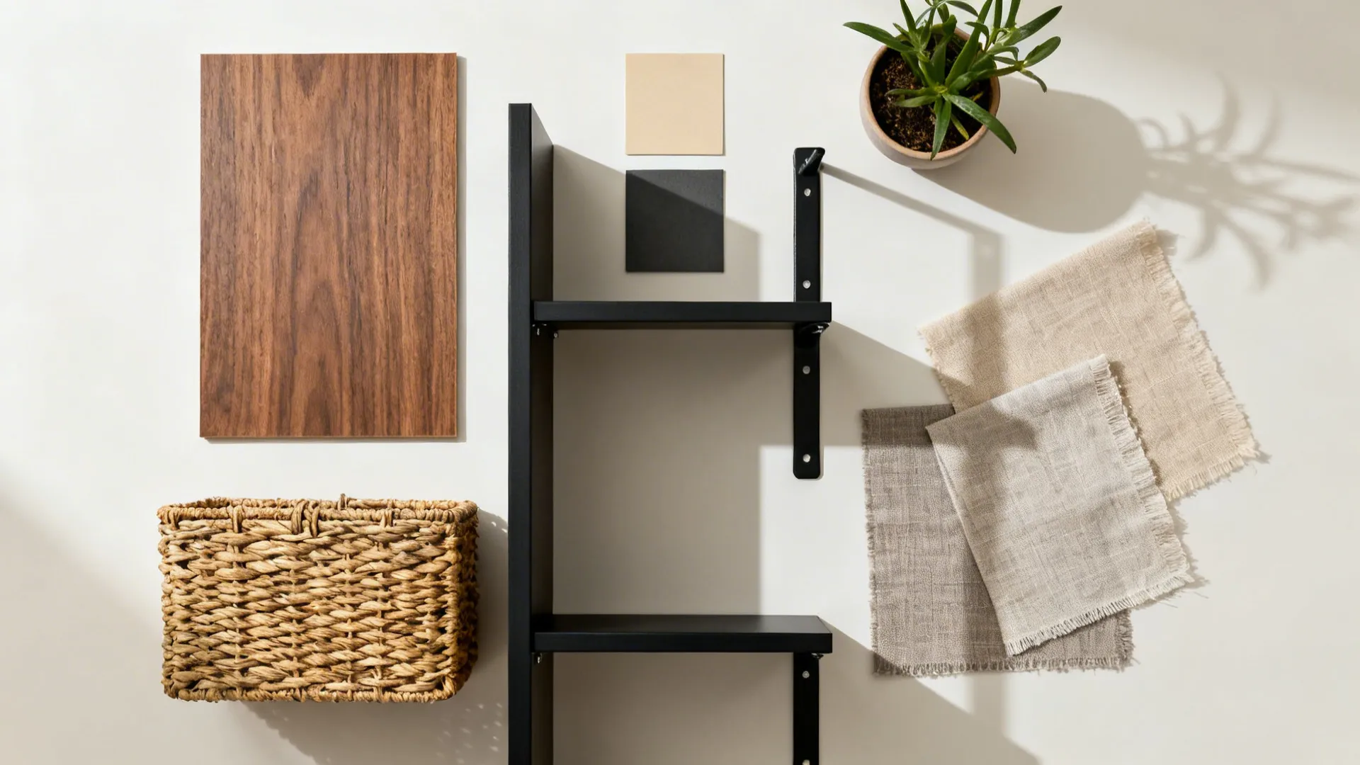 Flat lay of walnut, black hardware, baskets, and neutral fabrics for styling open shelves.