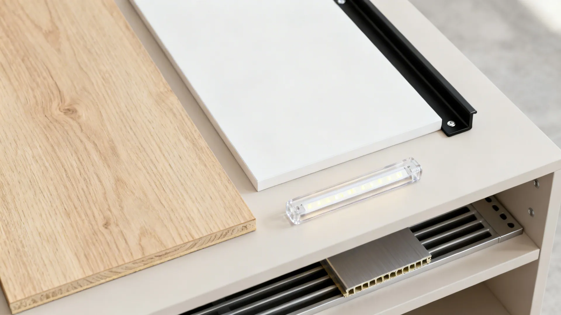 Wood panel and white board with small light fixture and black metal track on table