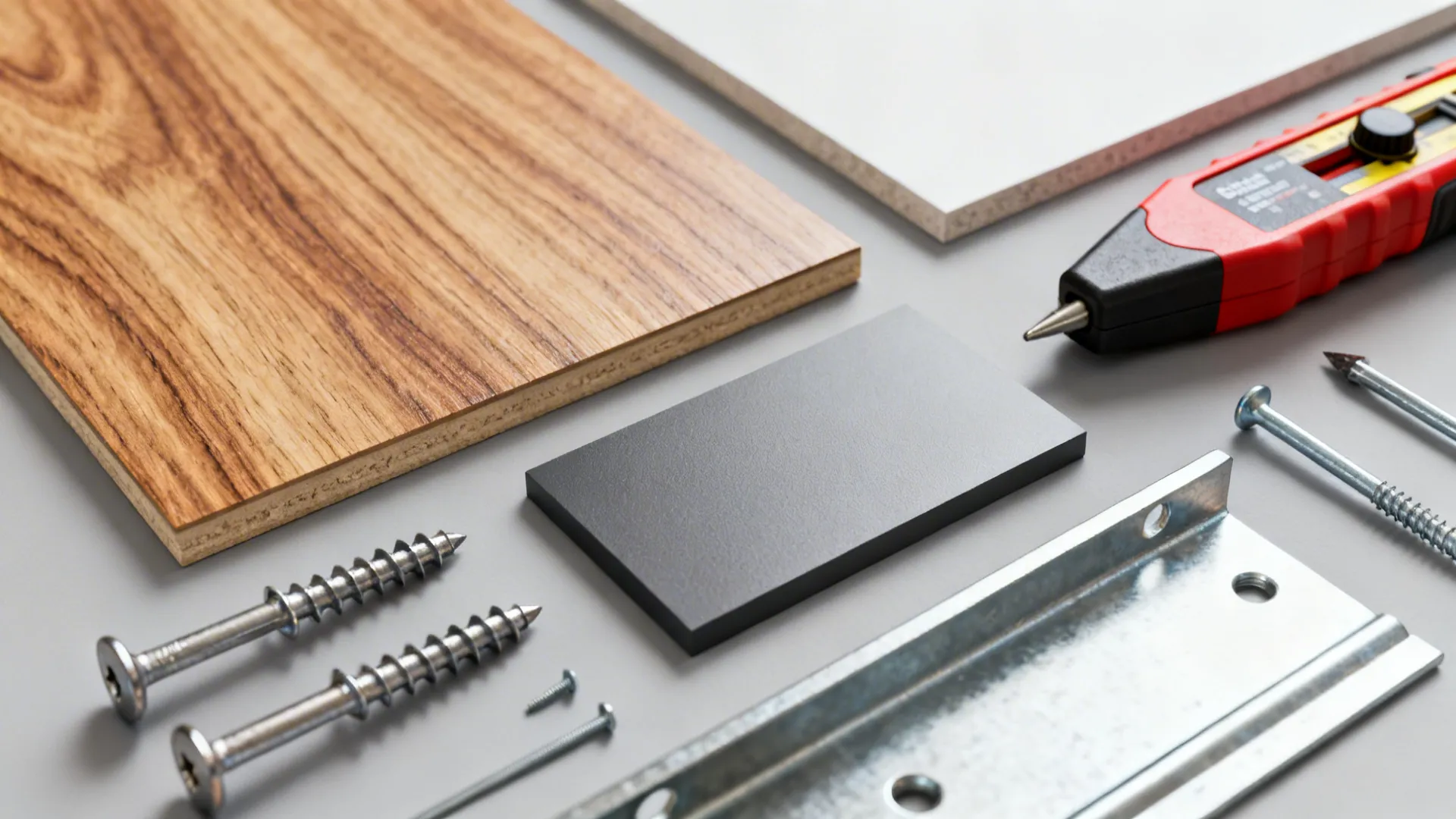 Samples of wood veneer, powder-coated metal, drywall anchors and a stud finder.