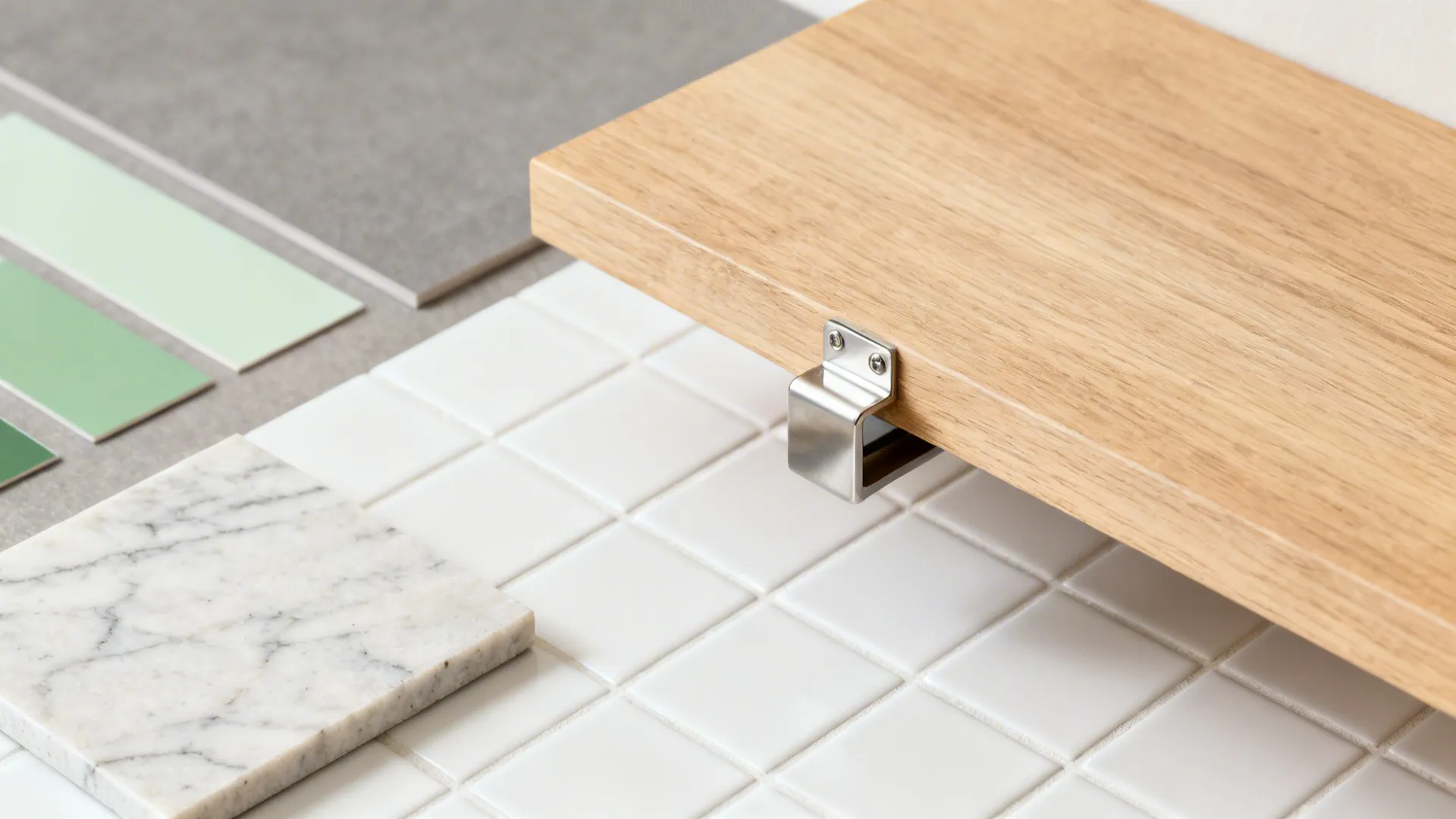 Flatlay of quartz, tile, oak shelf, concealed brackets, and neutral palette swatches for open shelves.
