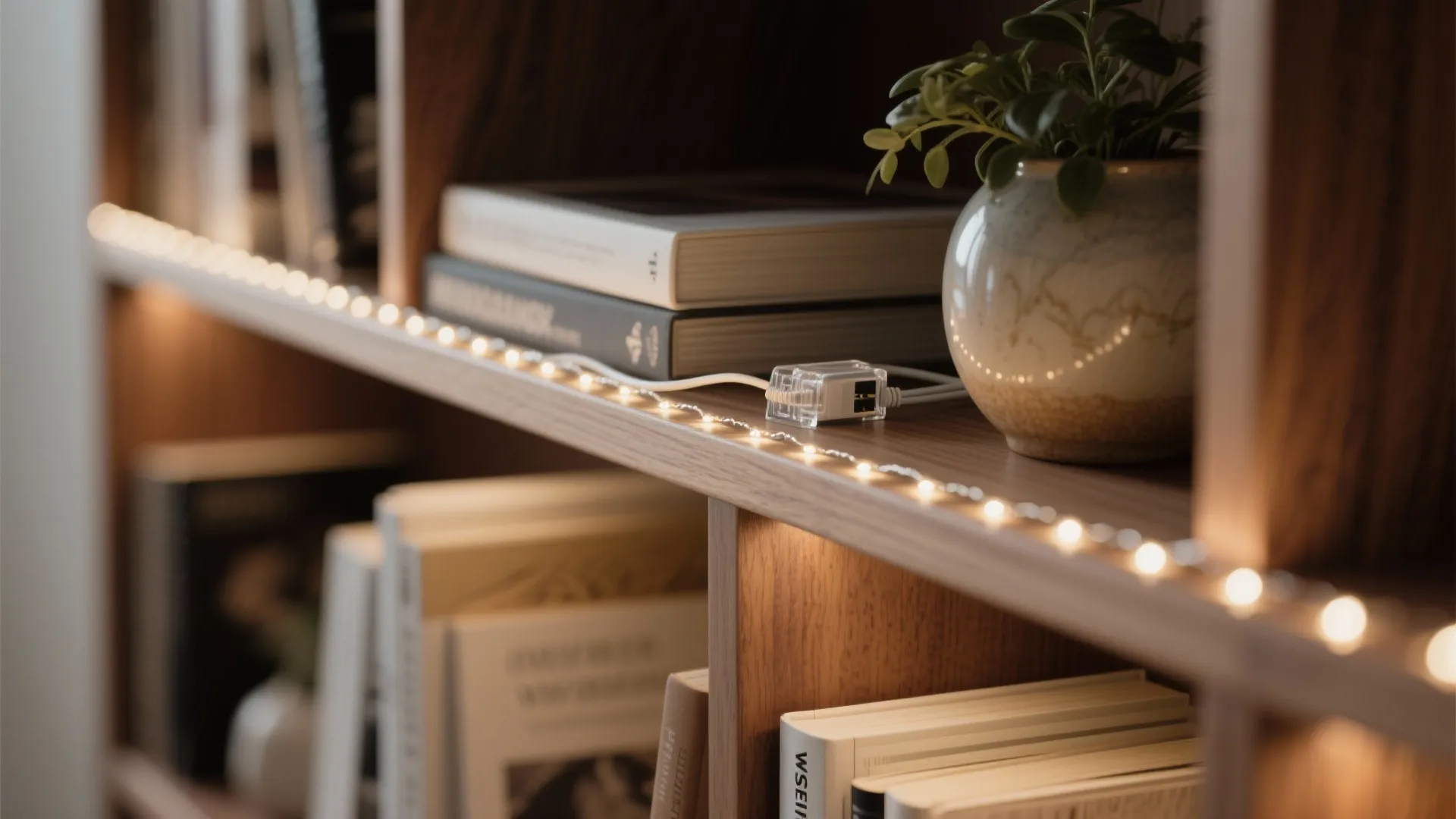 Wooden bookshelf decorated with warm string lights, a small potted plant, and a few books